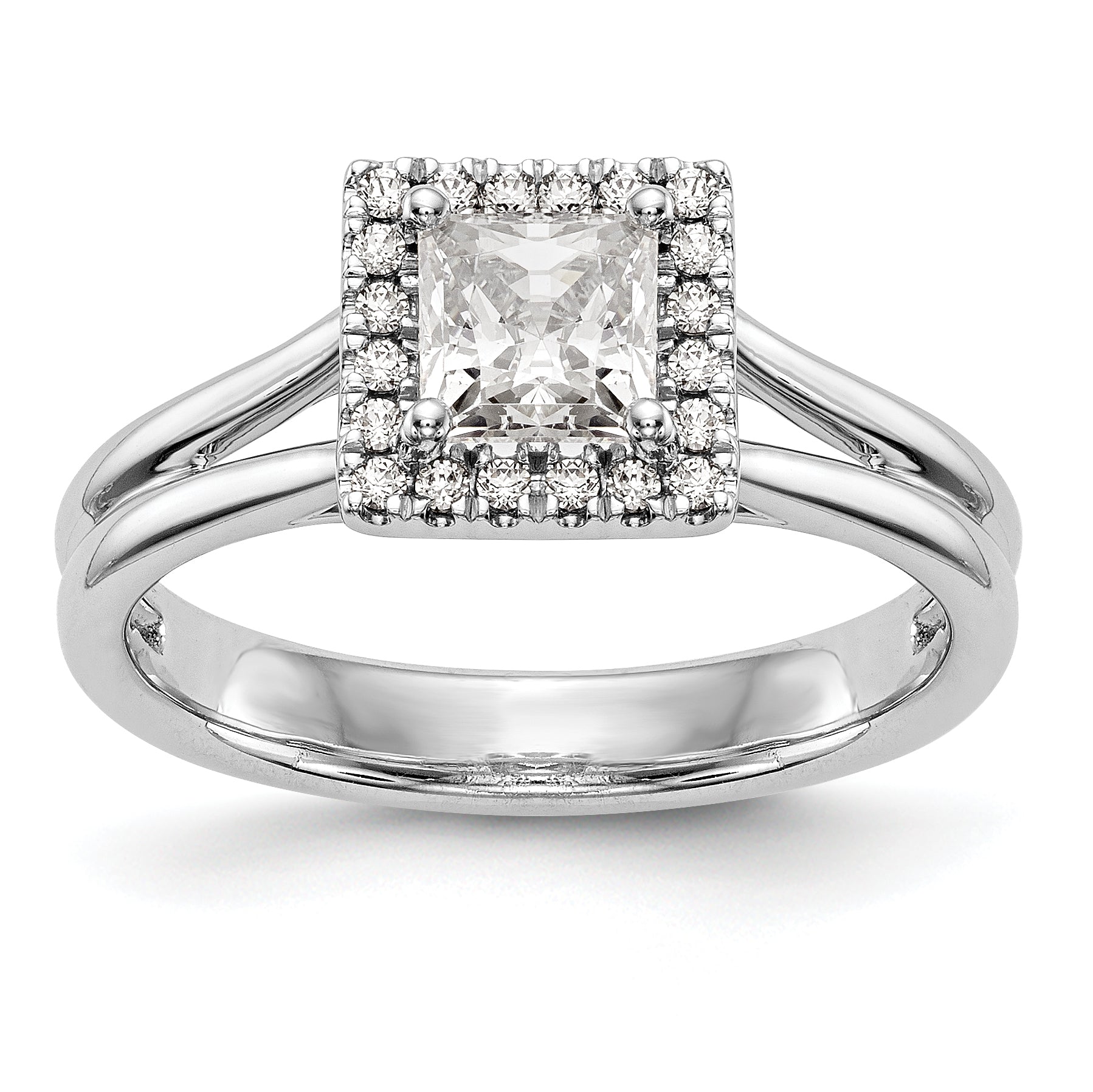 14K Weißgold Verlobungsring, Princess Halo mit simuliertem Diamant und geteiltem Ring