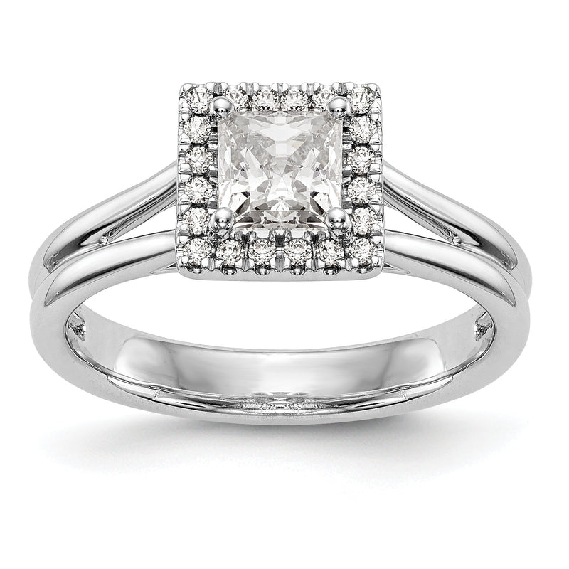 14 Karat Weißgold Verlobungsring mit Halo aus Princess Diamanten und geteiltem Ring