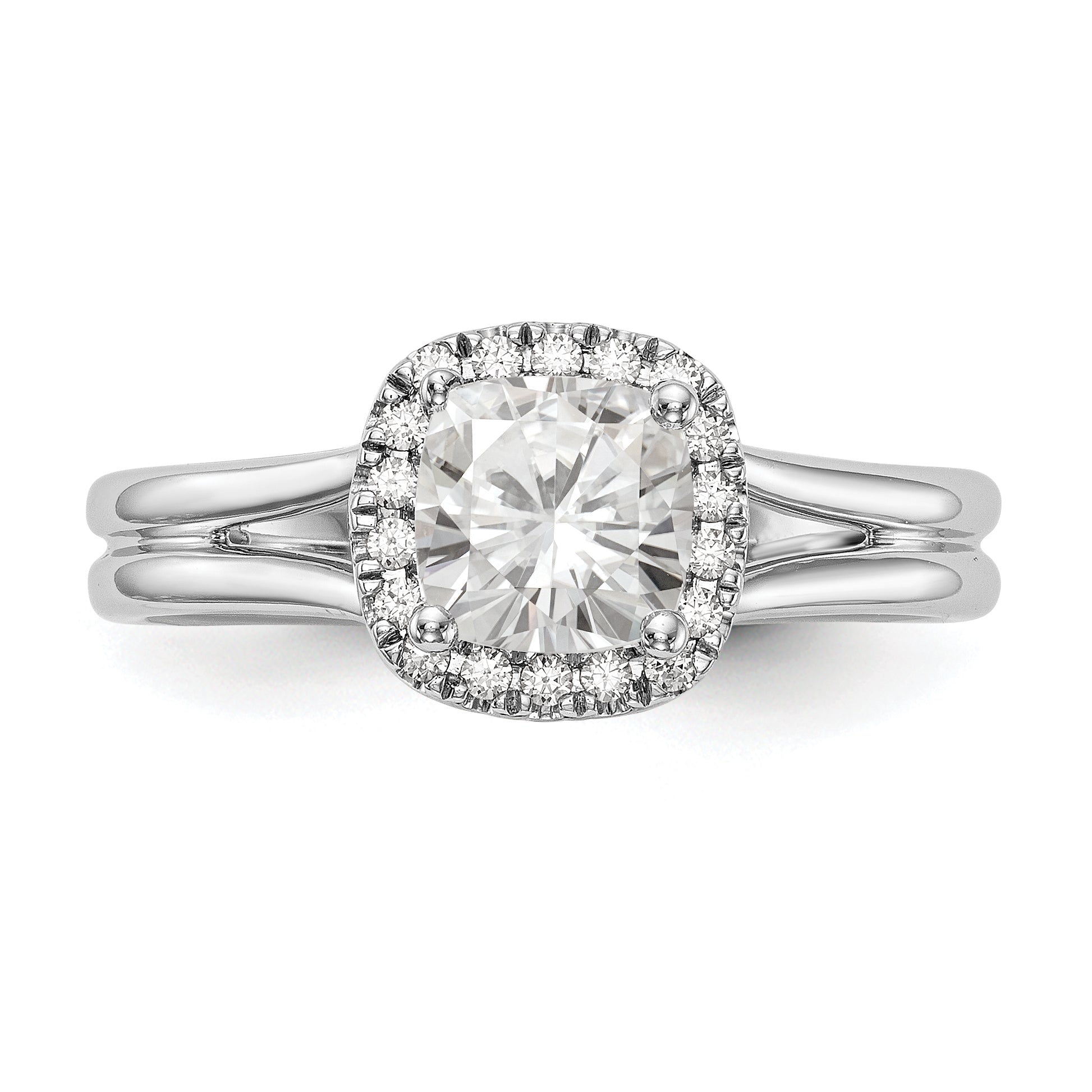14K Weißgold Verlobungsring mit Kissenschliff-Halo, simuliertem Diamant und geteiltem Ringband