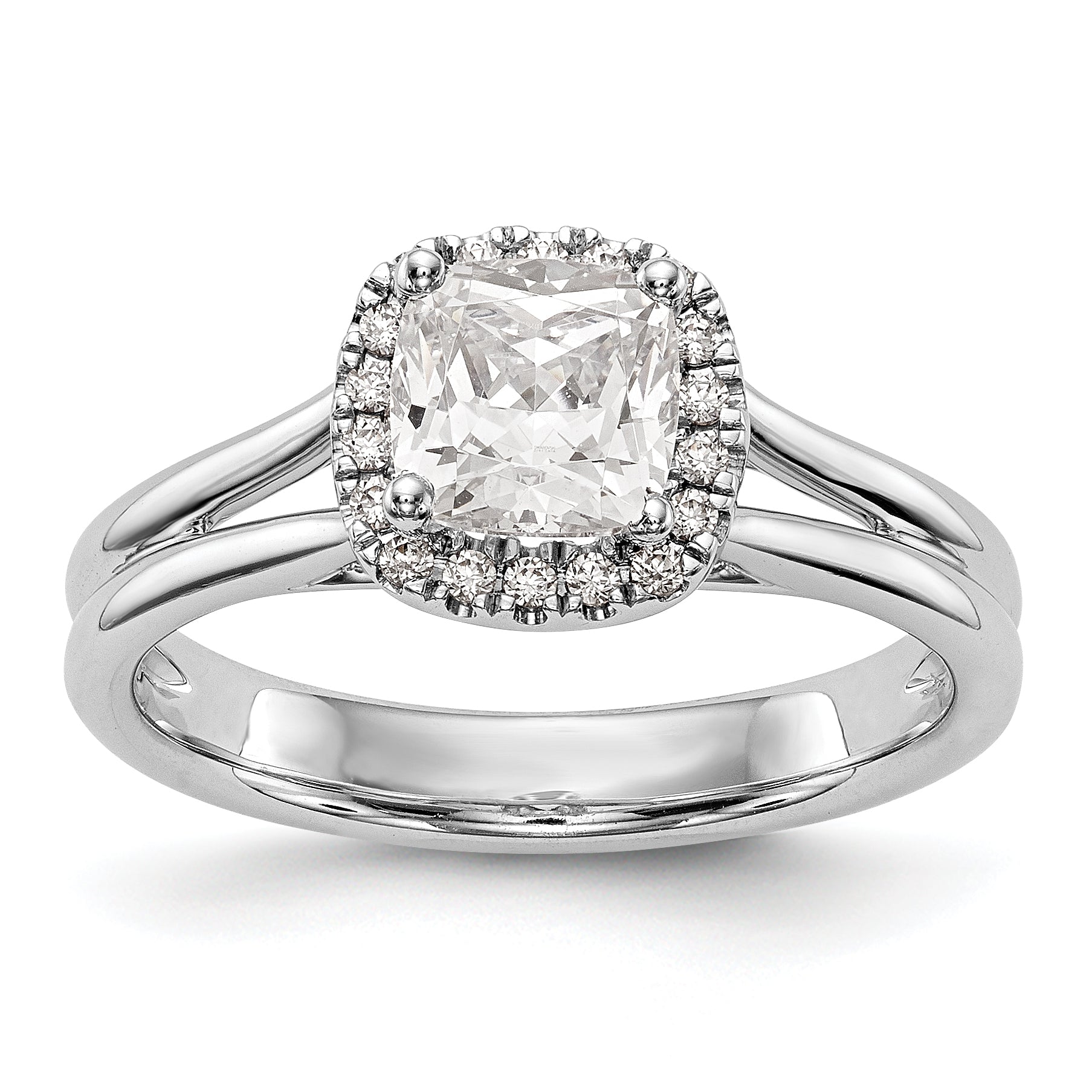 14K Weißgold Verlobungsring mit Kissenschliff-Halo, simulierten Diamanten und geteilter Ringschiene