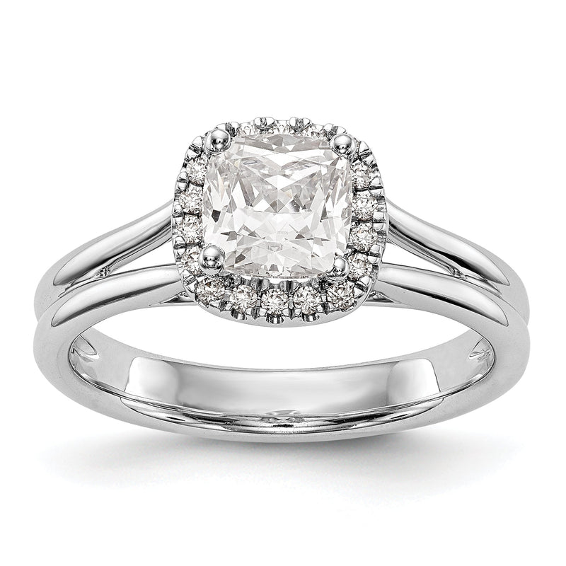 14K Weißgold Verlobungsring mit Kissenschliff-Halo, simulierten Diamanten und geteilter Ringschiene