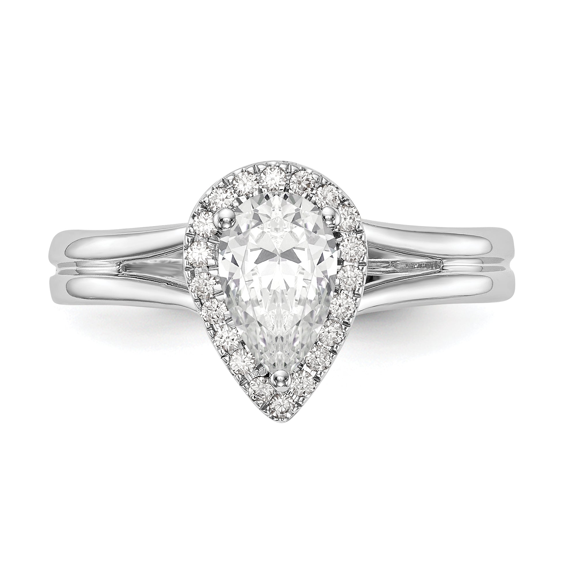 14K Weißgold Verlobungsring mit Halo, tropfenförmigem simuliertem Diamant und geteiltem Ring