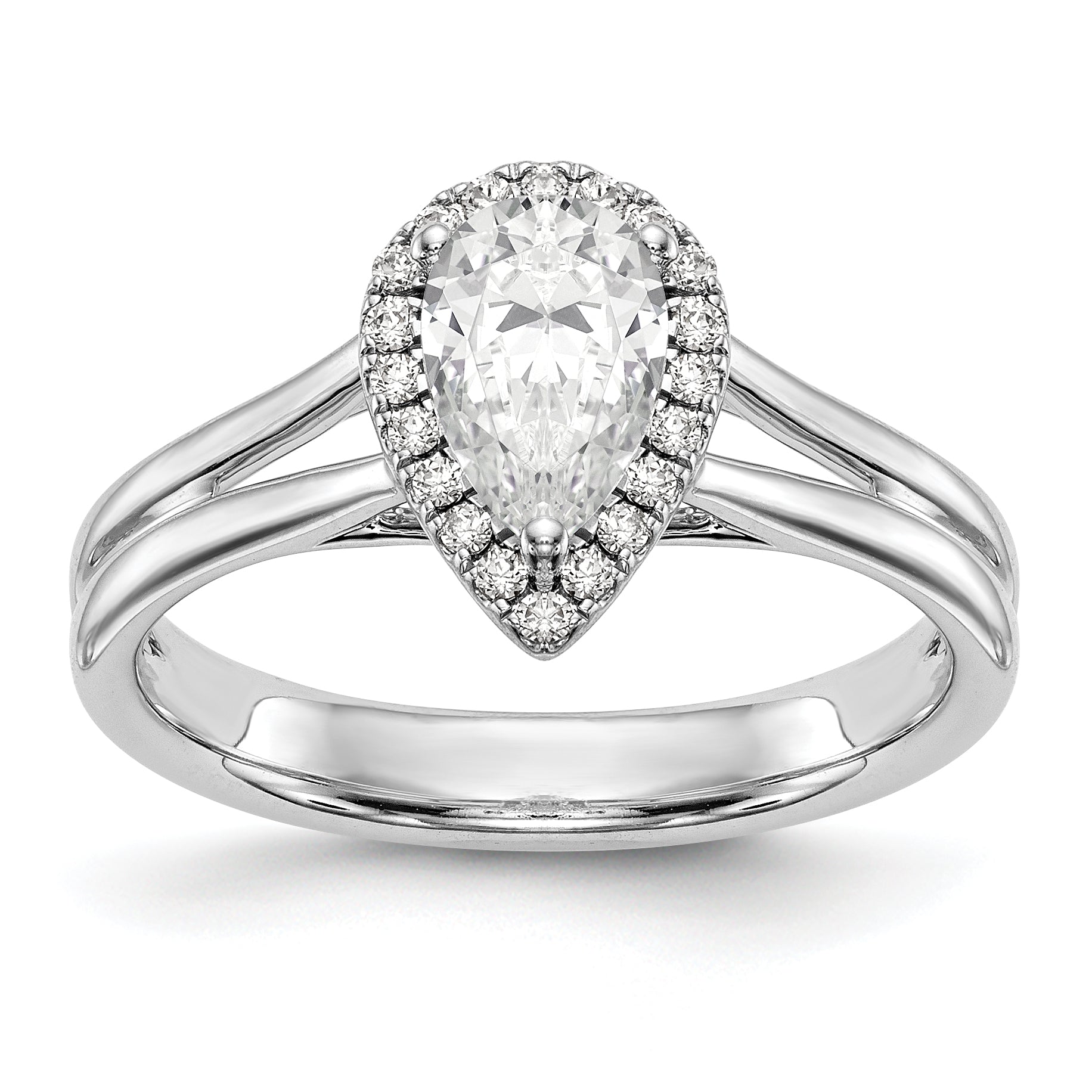 14K Weißgold Verlobungsring mit Halo, tropfenförmigem simuliertem Diamant und geteiltem Ring
