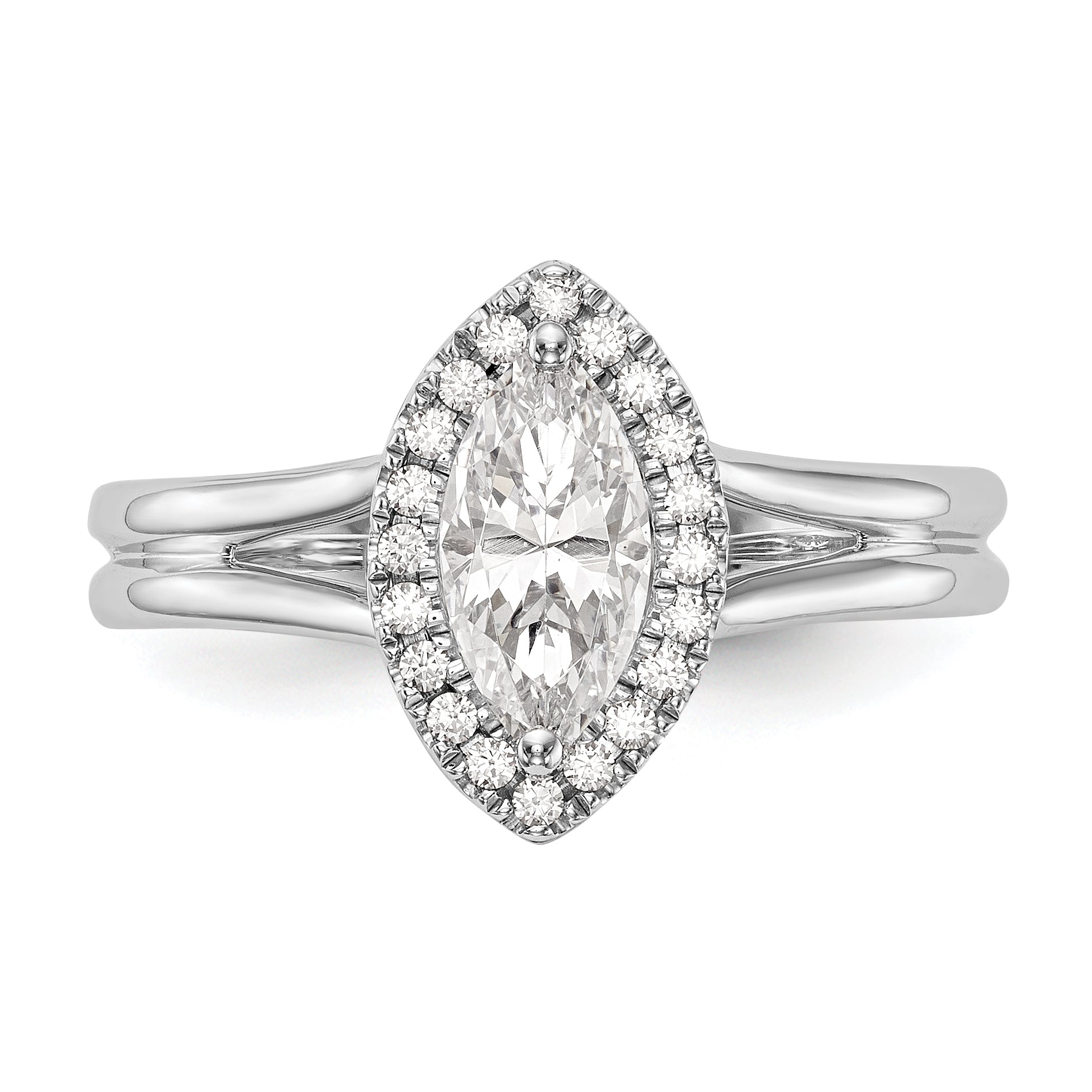 Verlobungsring aus 14K Weißgold mit Marquise-Halo aus simulierten Diamanten und geteilter Ringschiene