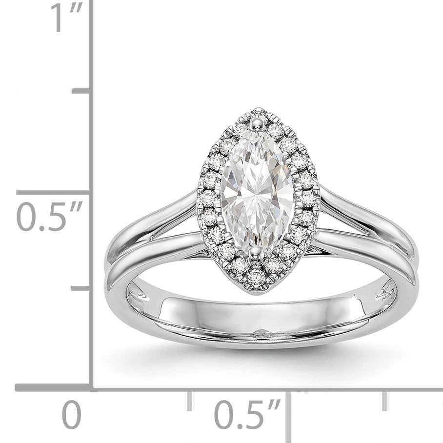 Verlobungsring aus 14K Weißgold mit Marquise-Halo aus simulierten Diamanten und geteilter Ringschiene