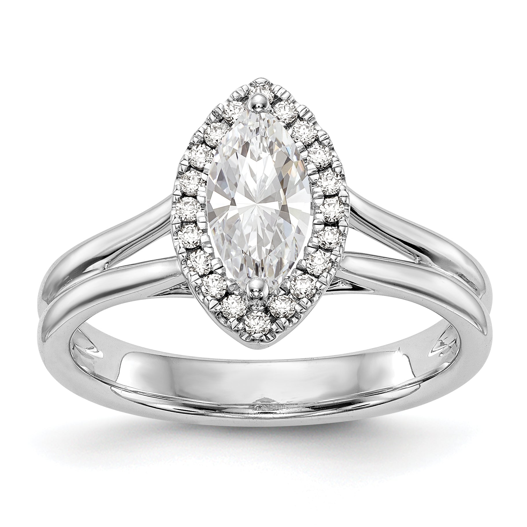 Verlobungsring aus 14K Weißgold mit Marquise-Halo aus simulierten Diamanten und geteilter Ringschiene