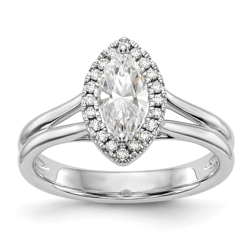 Verlobungsring aus 14K Weißgold mit Marquise-Halo aus simulierten Diamanten und geteilter Ringschiene