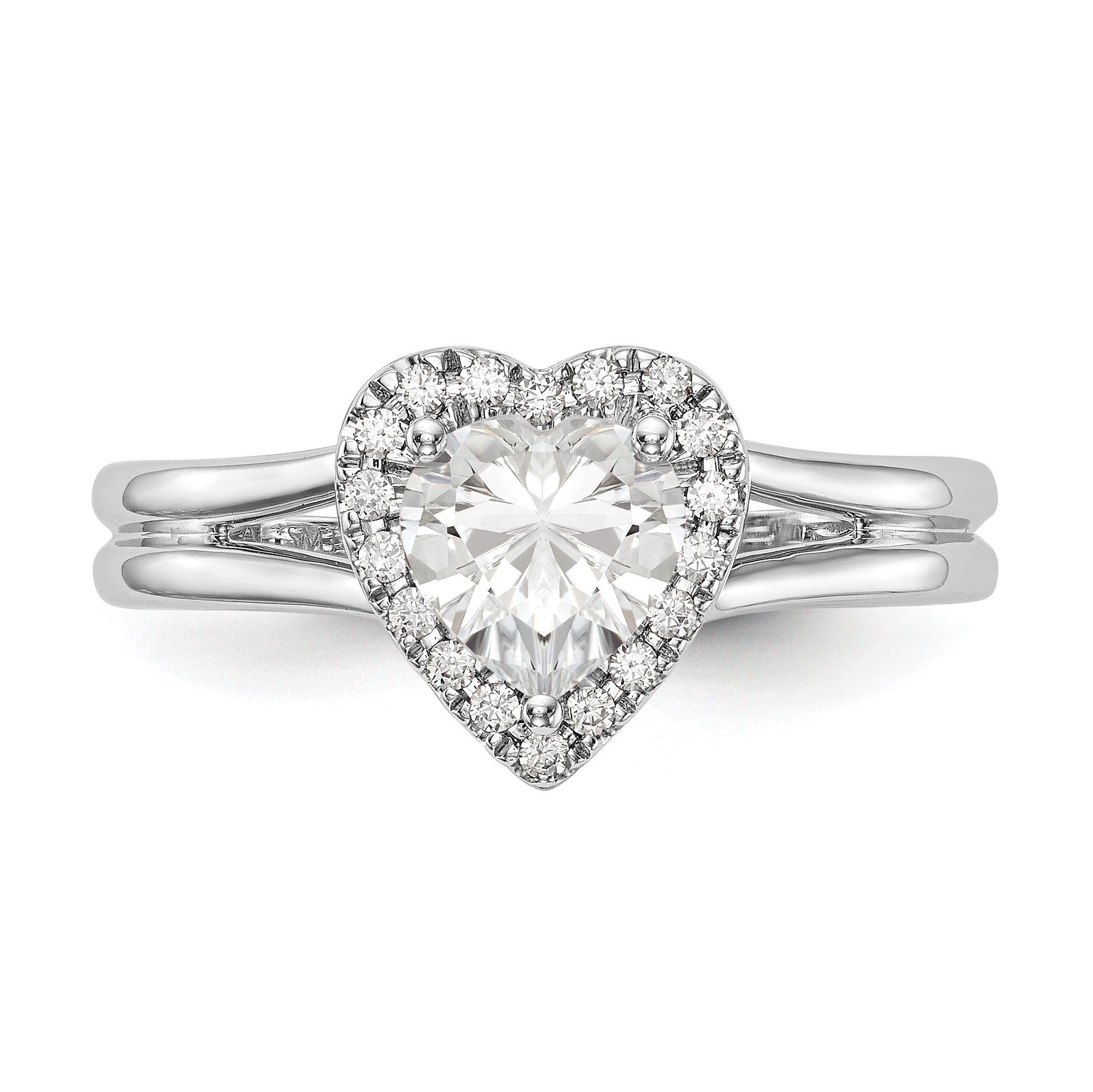 14K Weißgold Verlobungsring mit Herz-Halo aus simulierten Diamanten und geteiltem Ringband