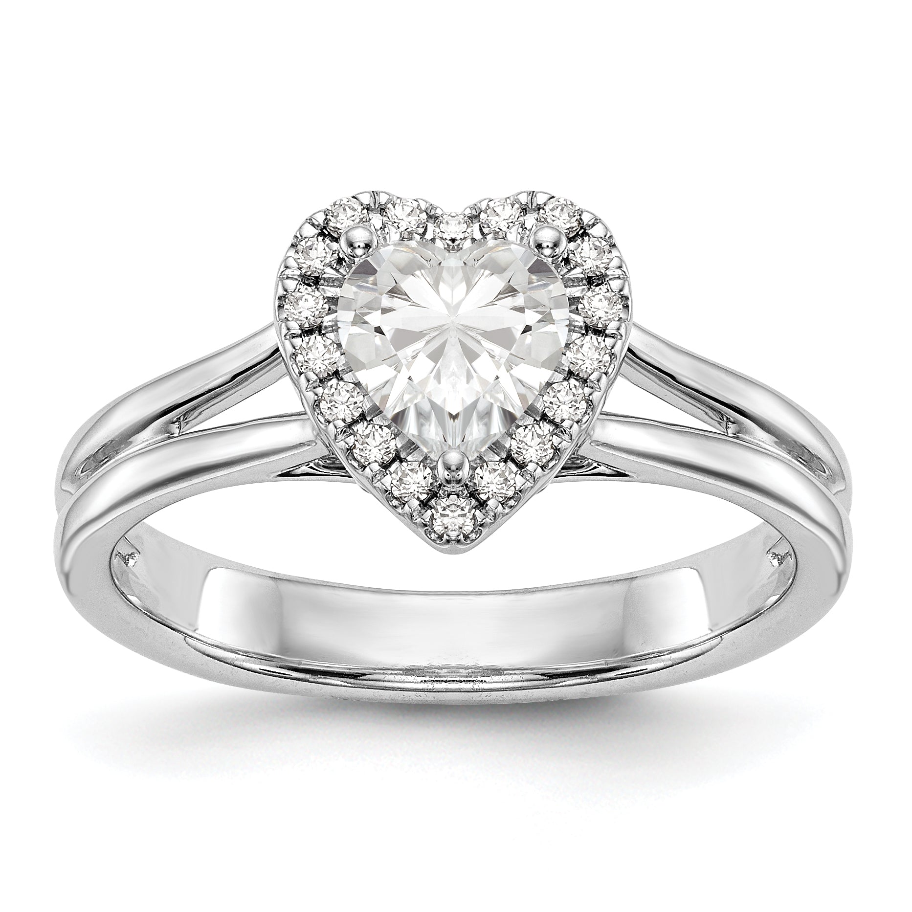 14K Weißgold Verlobungsring mit Herz-Halo aus simulierten Diamanten und geteiltem Ringband