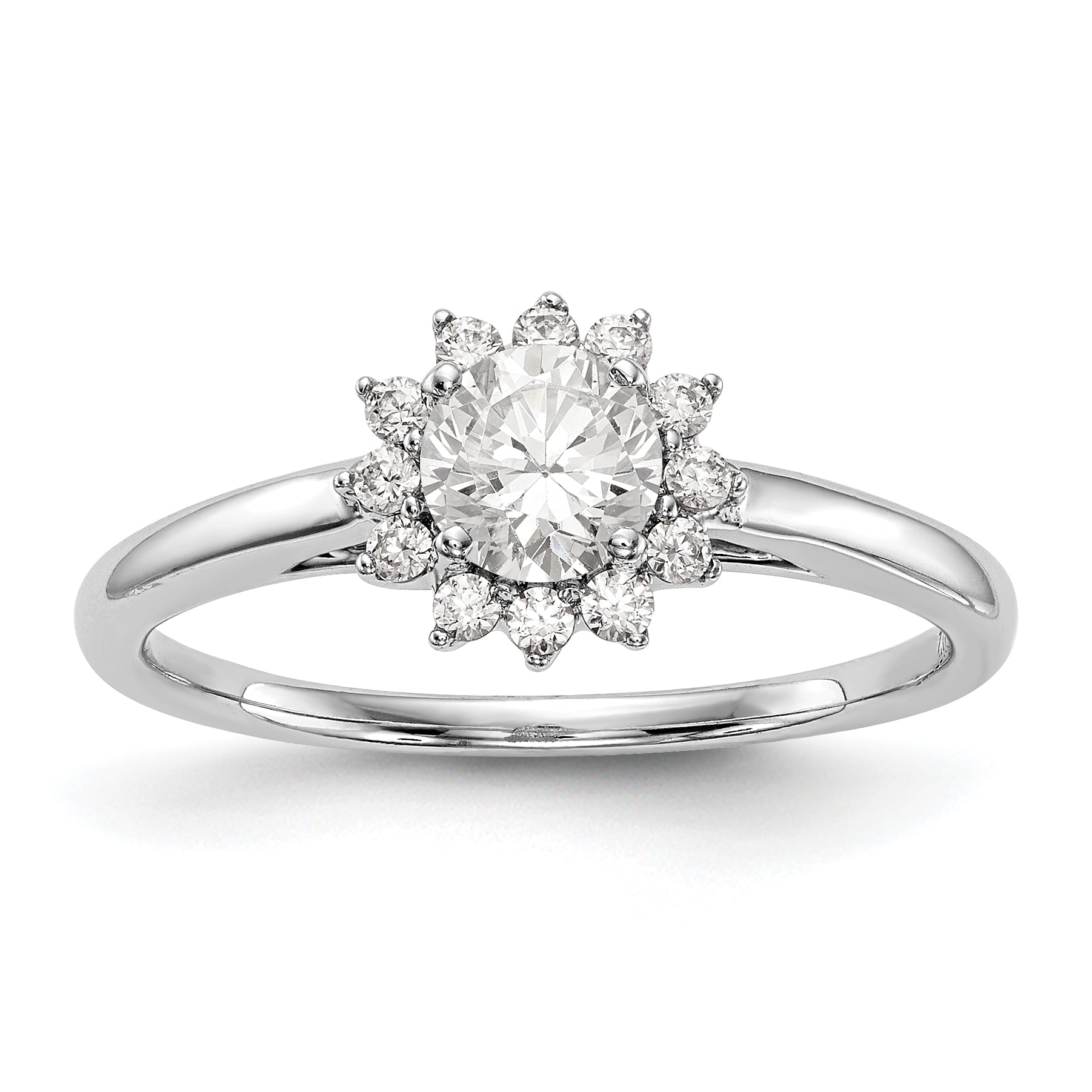 14K Weißgold Verlobungsring mit rundem simuliertem Diamanten und Halo