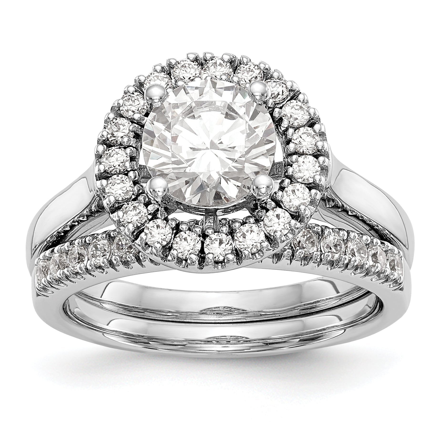 14K Weißgold Verlobungsring mit rundem simuliertem Diamanten und Halo