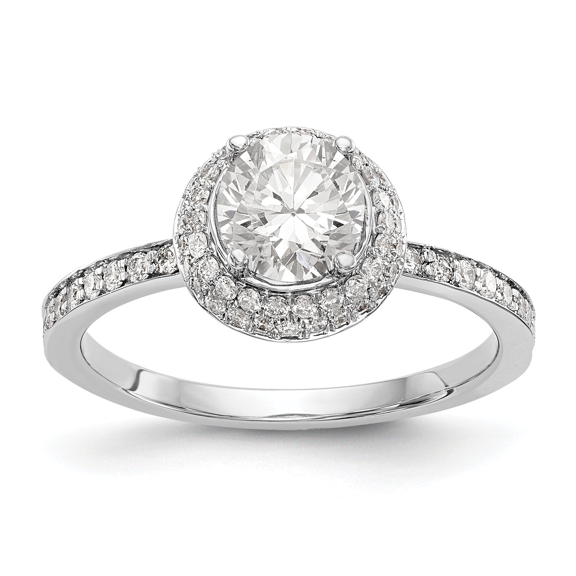 14K Weißgold Verlobungsring mit rundem simulierten Diamant und Halo