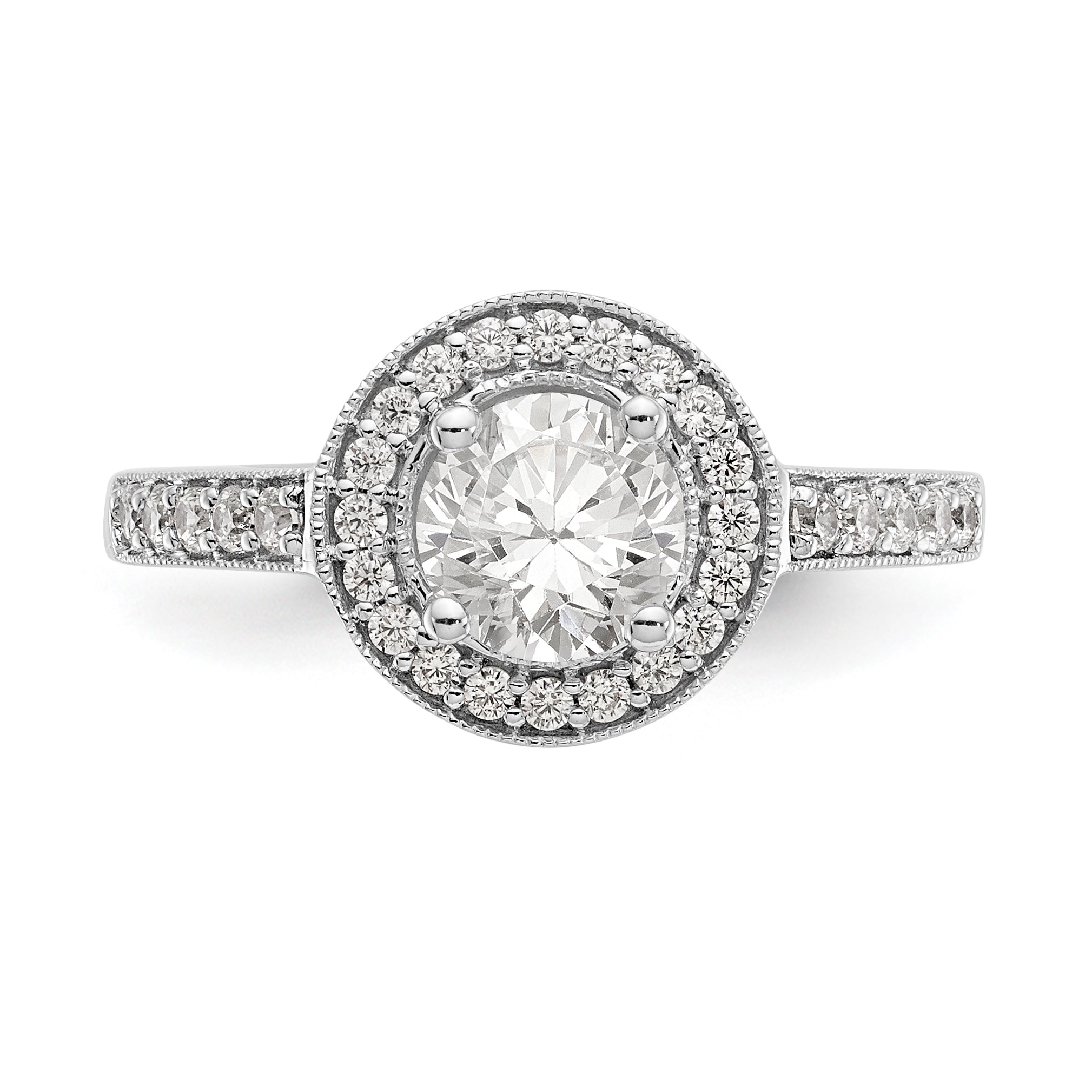 14K Weißgold Verlobungsring mit rundem simuliertem Diamanten und Halo