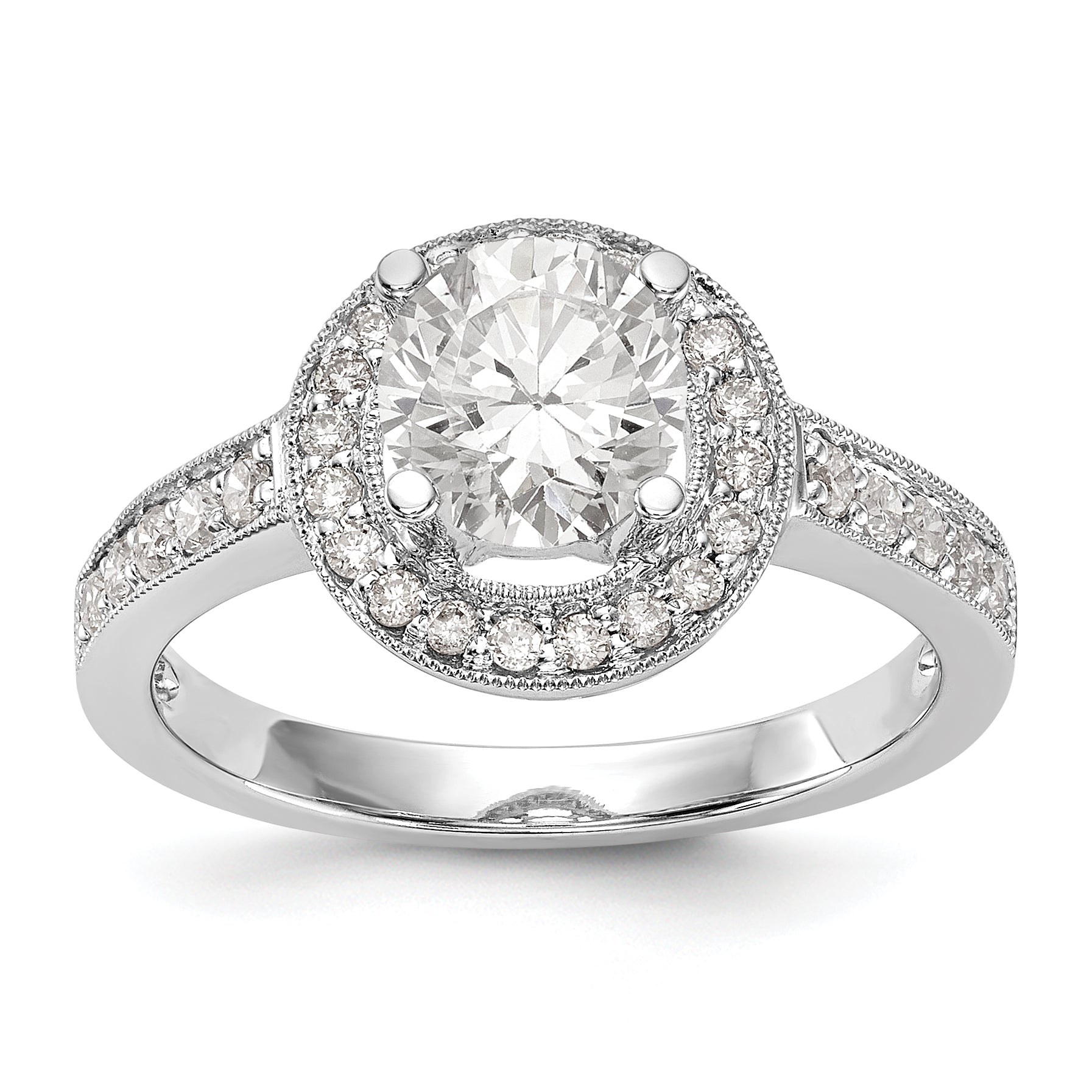 14K Weißgold Verlobungsring mit rundem simuliertem Diamanten und Halo
