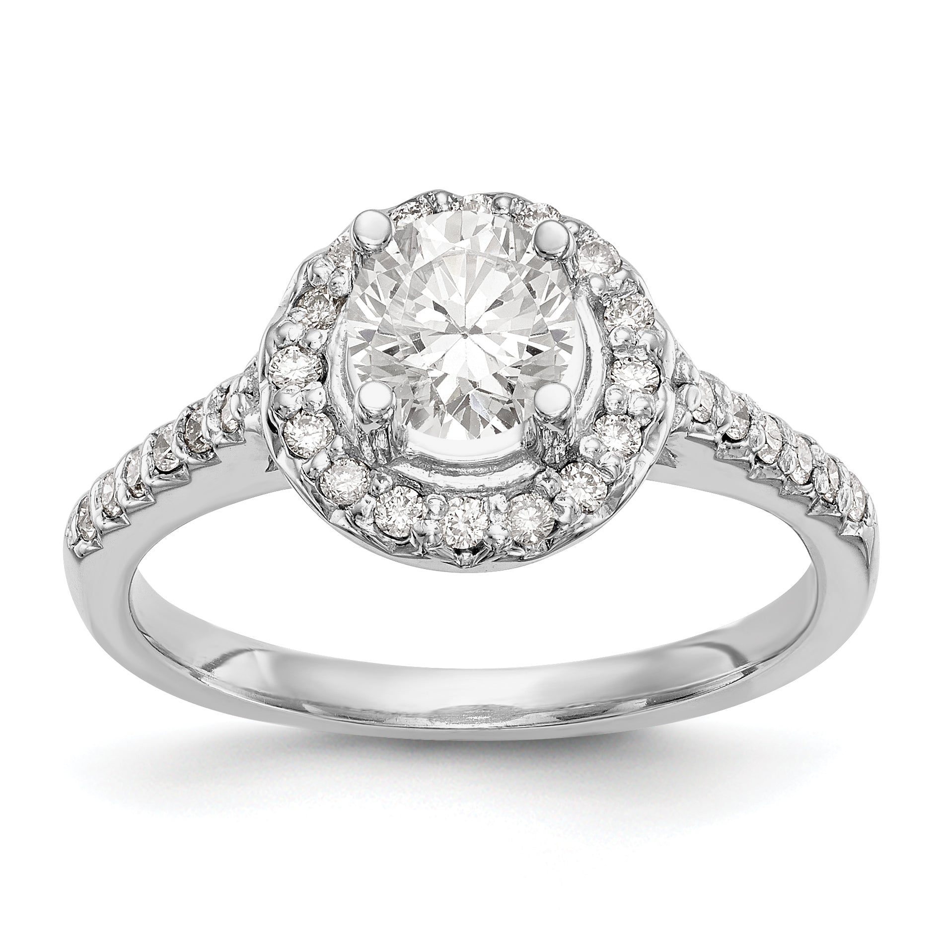 14K Weißgold Verlobungsring mit rundem simulierten Diamanten und Halo
