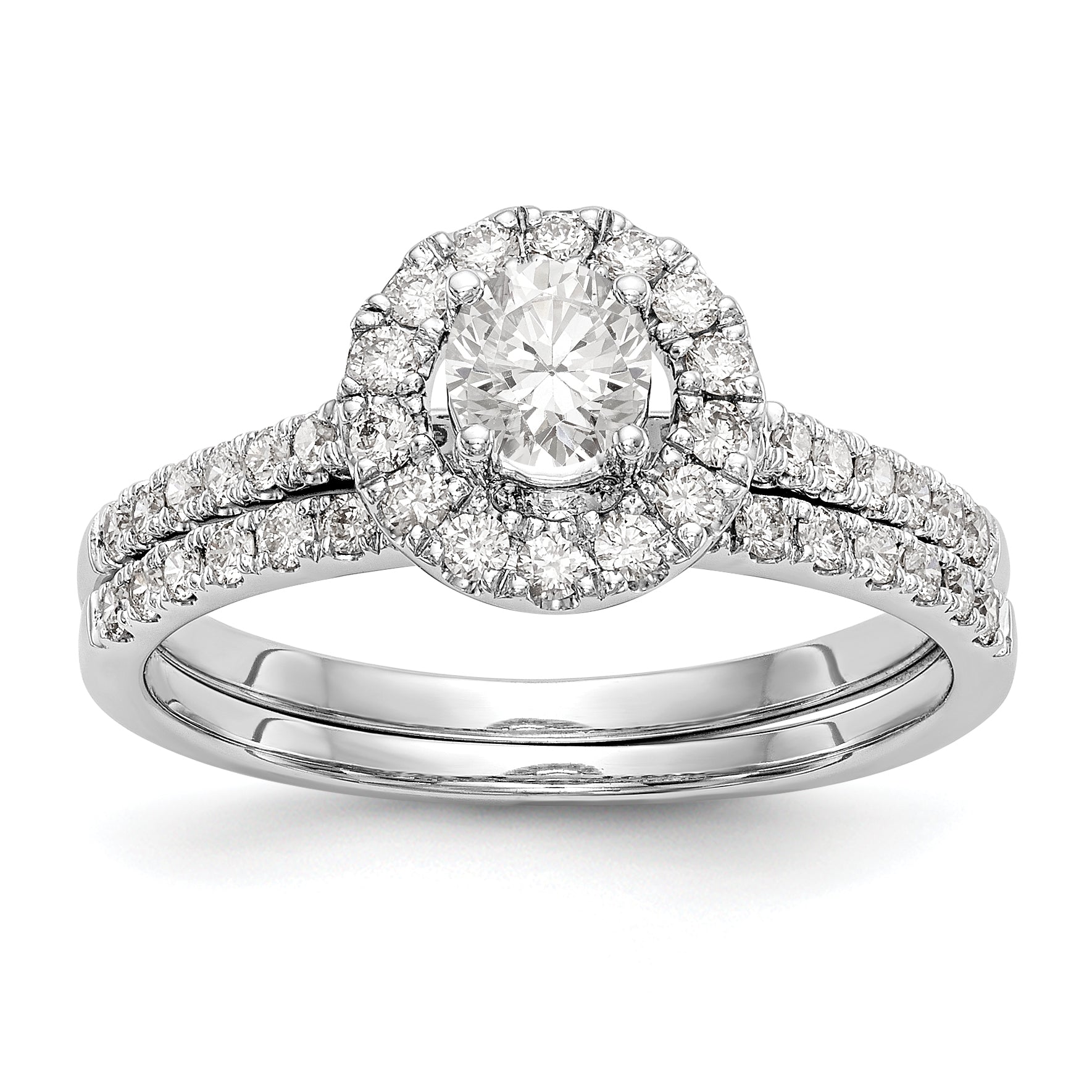 Braut-Set mit Halo-Verlobungsring, 0,75 ct. Gesamtgewicht natürlicher Diamant im Rundschliff, 14K Weißgold