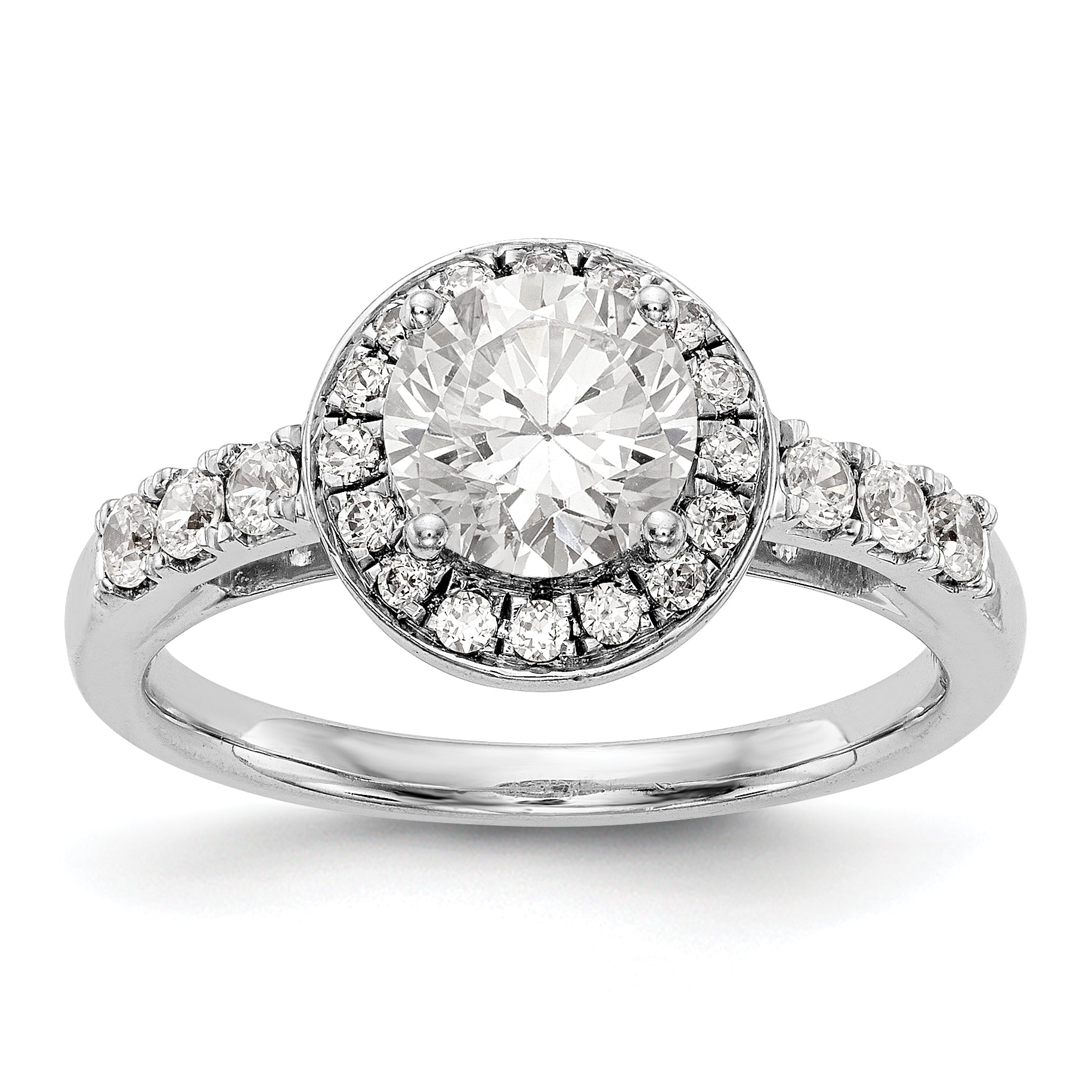 14K Weißgold Verlobungsring mit rundem simuliertem Diamant und Halo
