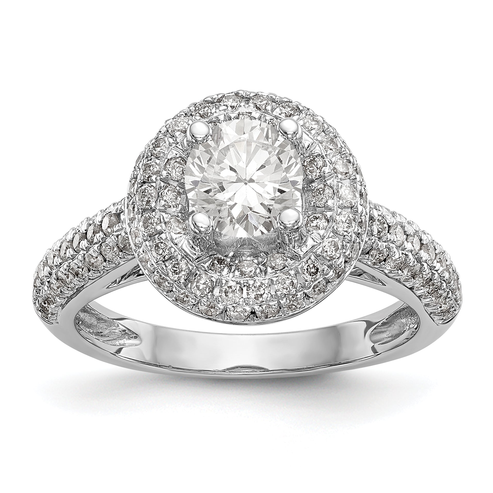 14K Weißgold Verlobungsring mit rundem simuliertem Diamant und Halo