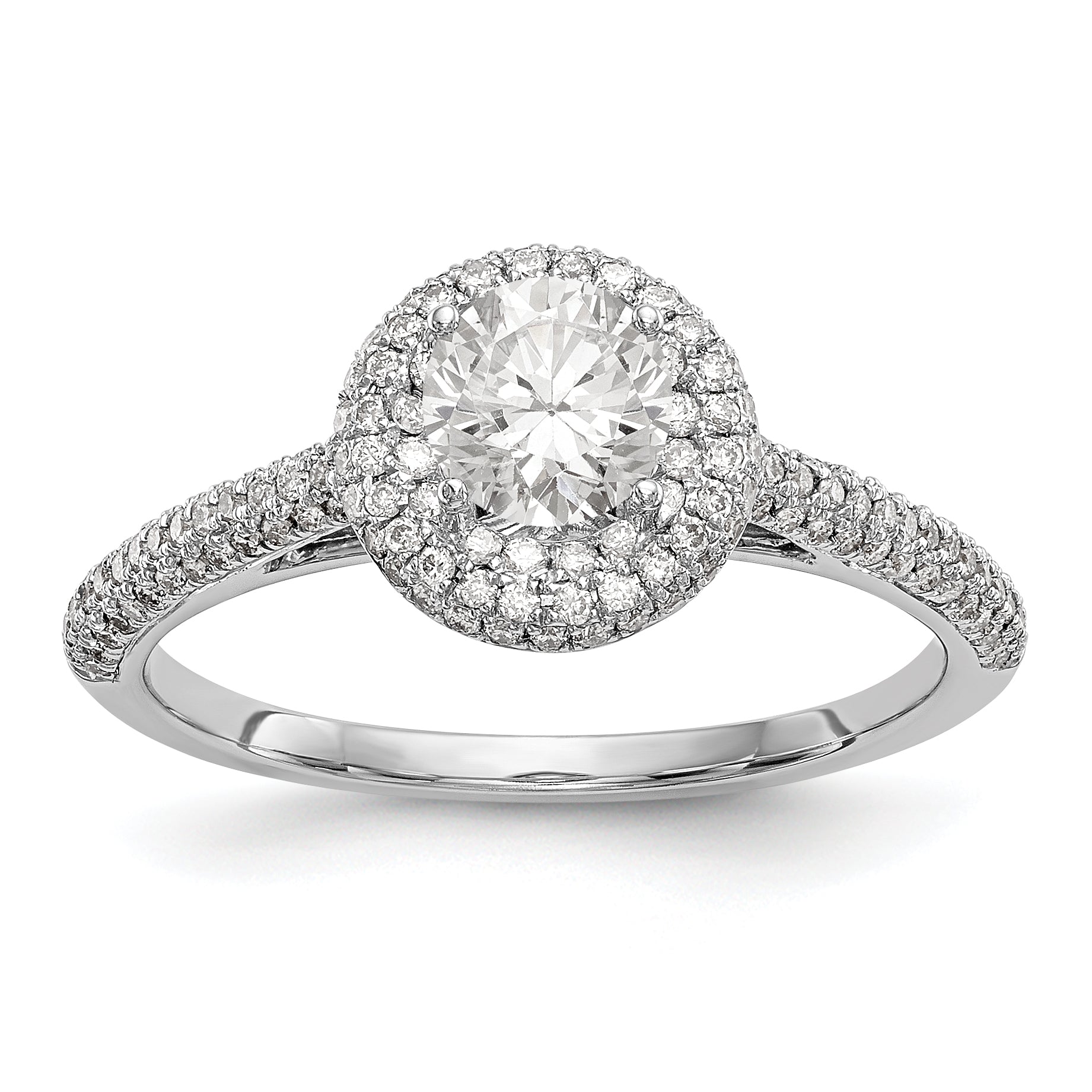 14K Weißgold Verlobungsring mit rundem simuliertem Diamanten und Halo