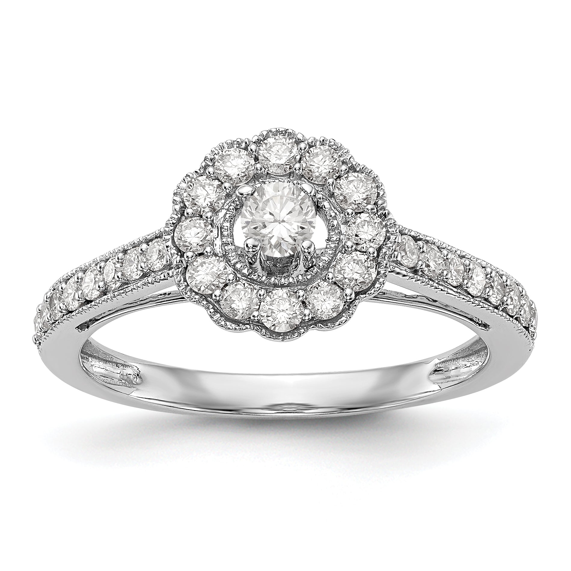 14K Weißgold Verlobungsring mit Halo und rundem simuliertem Diamanten