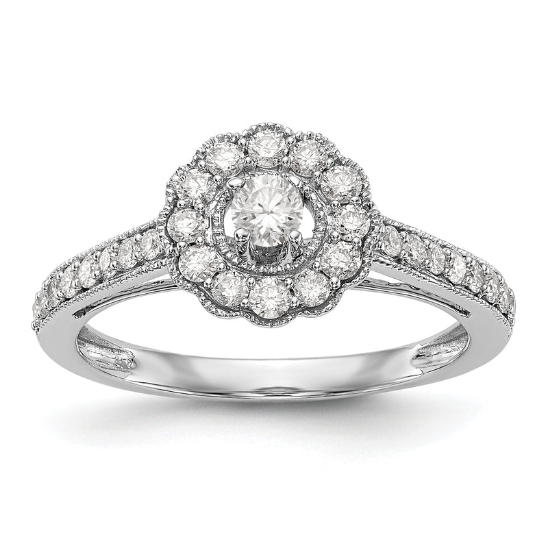 14K Weißgold Verlobungsring mit Halo und rundem simuliertem Diamanten