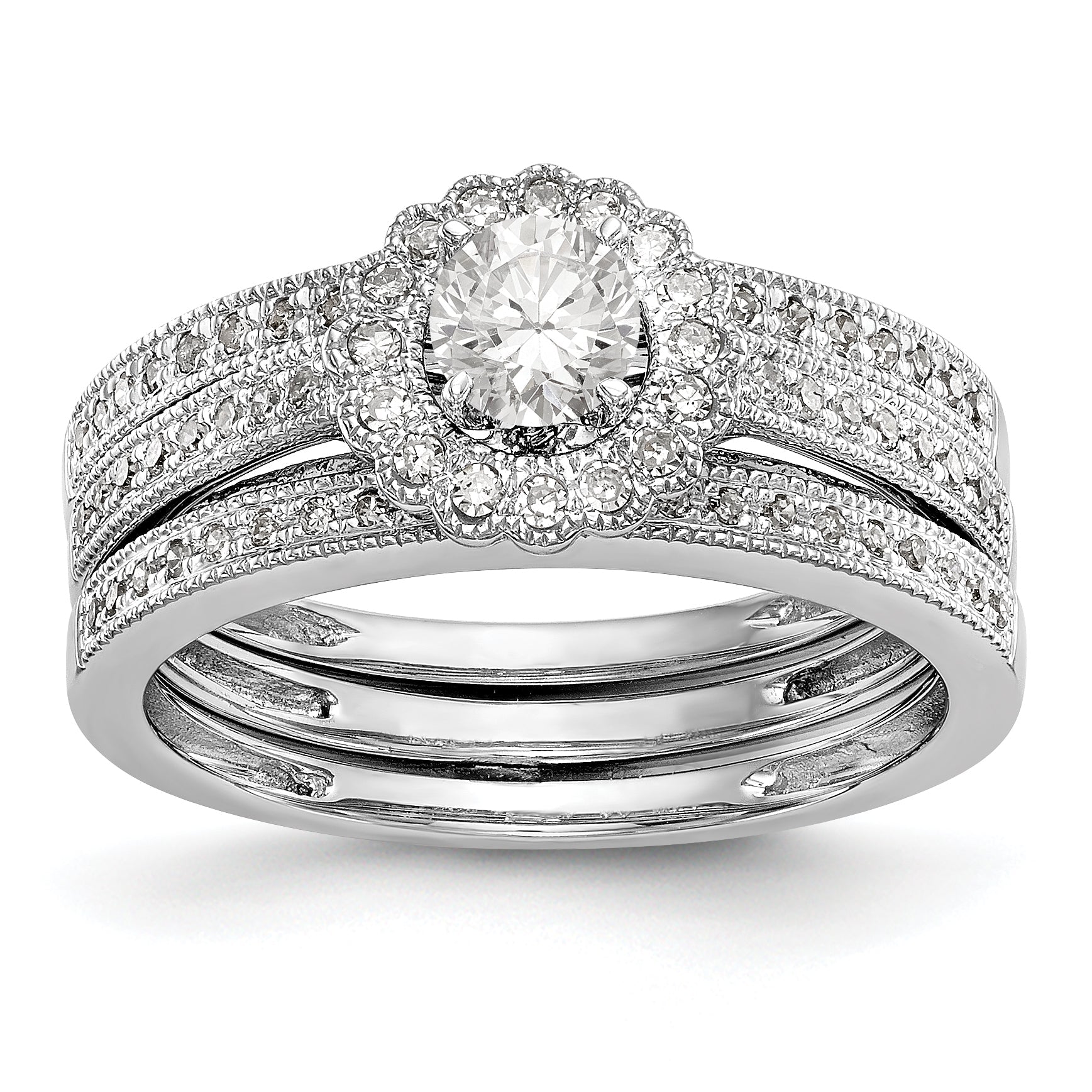 14K Weißgold Verlobungsring mit rundem simuliertem Diamant und Halo