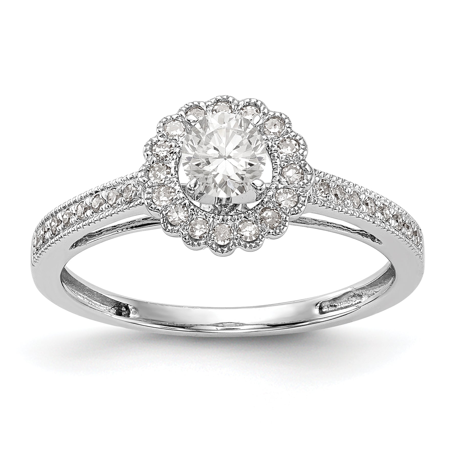 14K Weißgold Verlobungsring mit rundem simuliertem Diamant und Halo