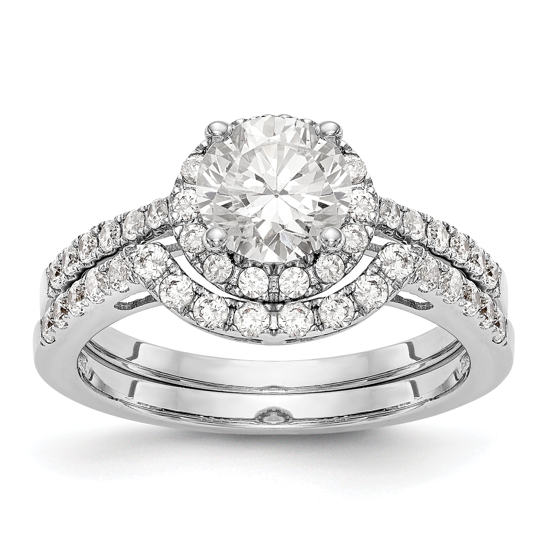 14K Weißgold Verlobungsring mit rundem simuliertem Diamanten und Halo