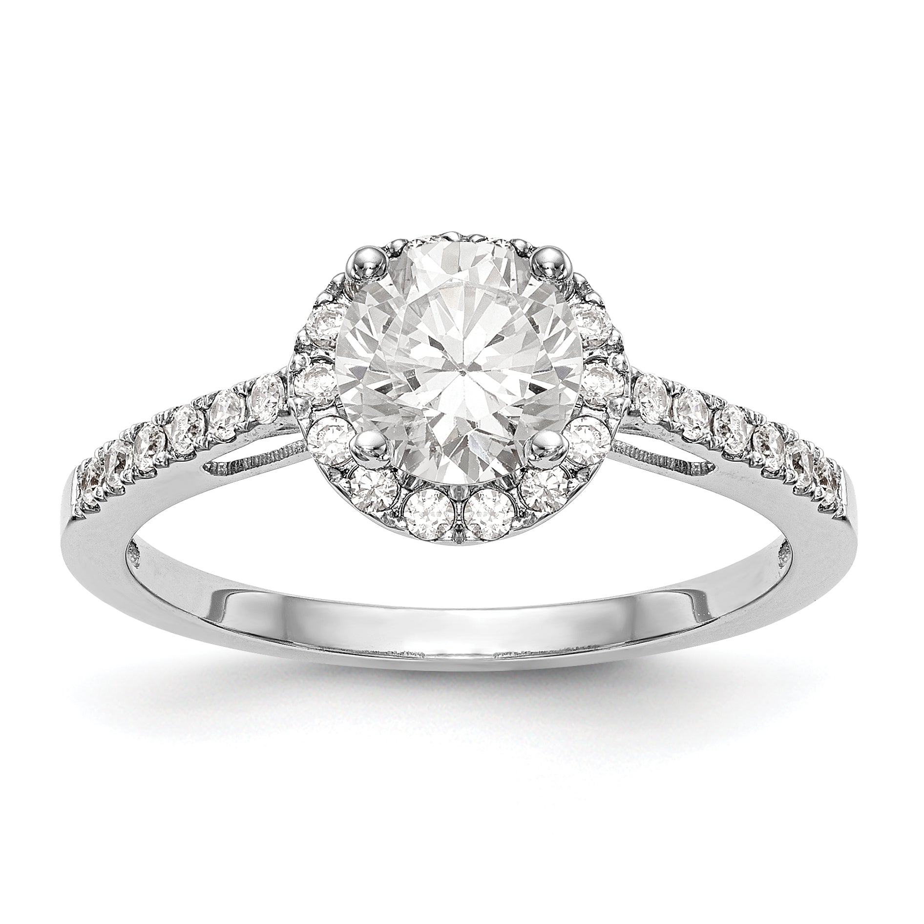 14K Weißgold Verlobungsring mit rundem simuliertem Diamanten und Halo