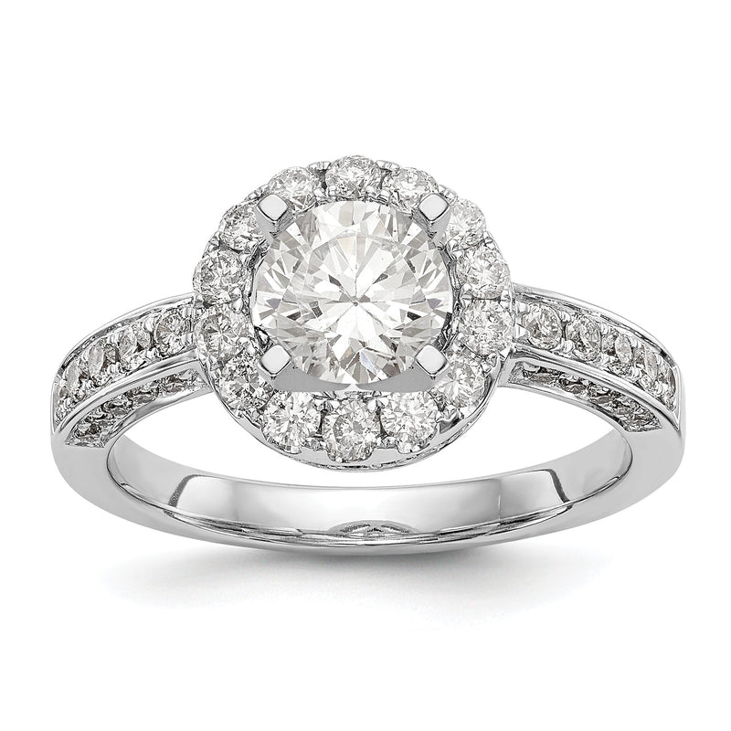 14K Weißgold Verlobungsring mit runder Peg-Fassung und Halo-Design mit simuliertem Diamanten