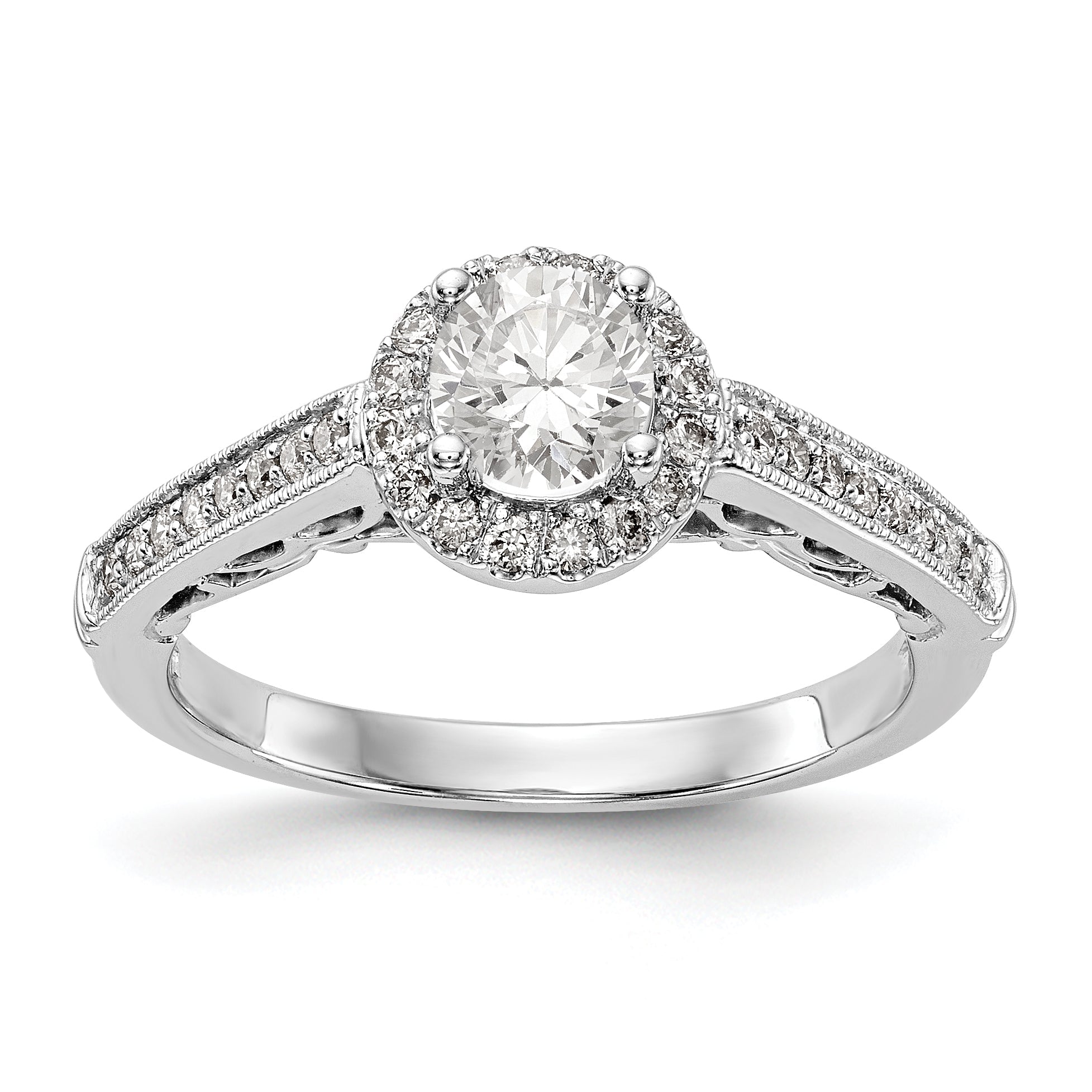 14K Weißgold Verlobungsring mit rundem simuliertem Diamanten und Halo