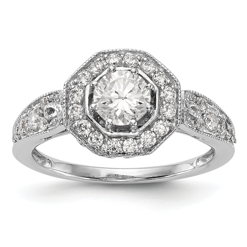 14K Weißgold Verlobungsring mit rundem simuliertem Diamant und Halo