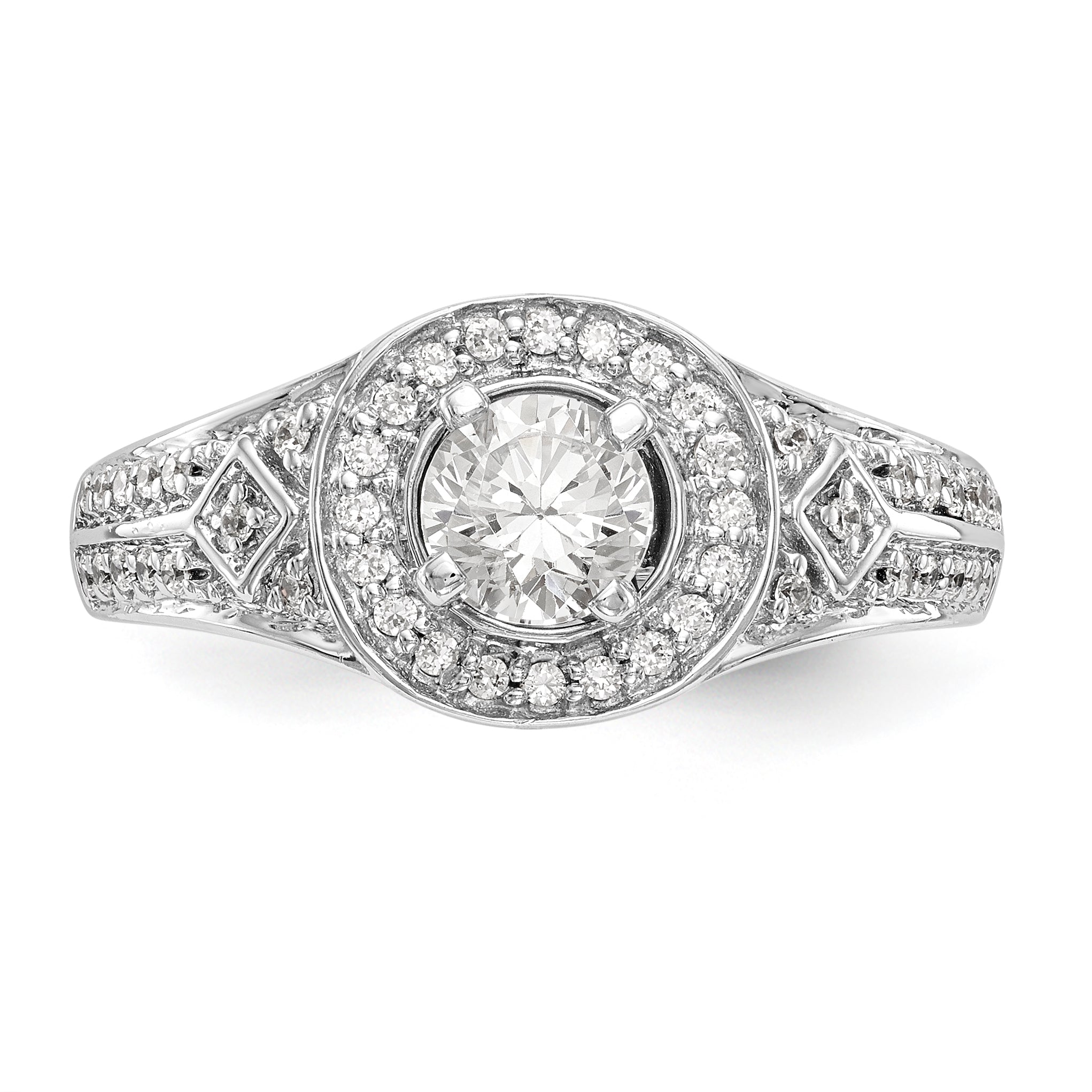 14K Weißgold Verlobungsring mit rundem simuliertem Diamanten und Halo