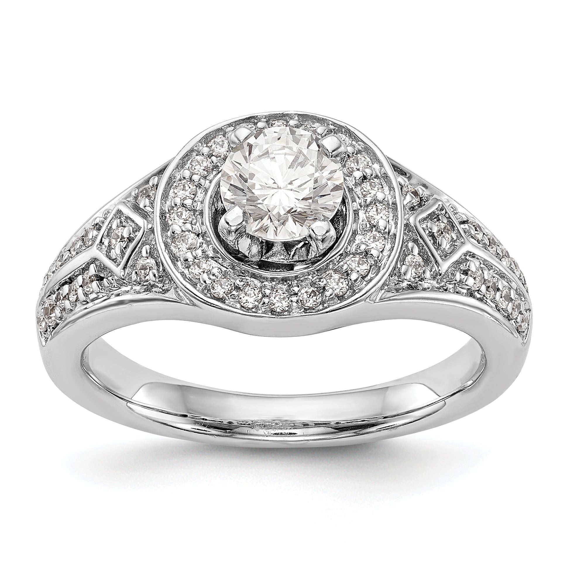 14K Weißgold Verlobungsring mit rundem simuliertem Diamanten und Halo