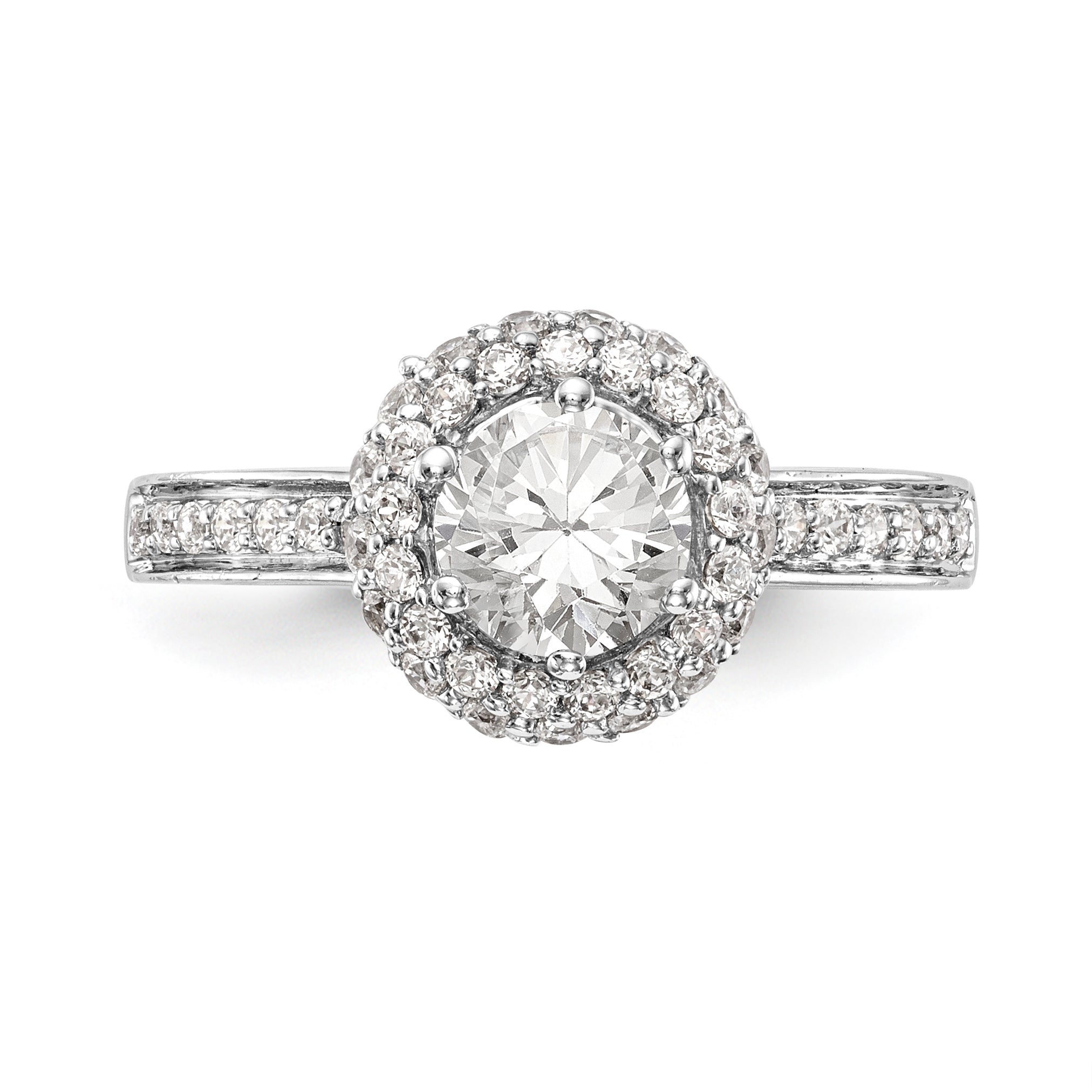 14K Weißgold Verlobungsring mit rundem simulierten Diamanten und Halo