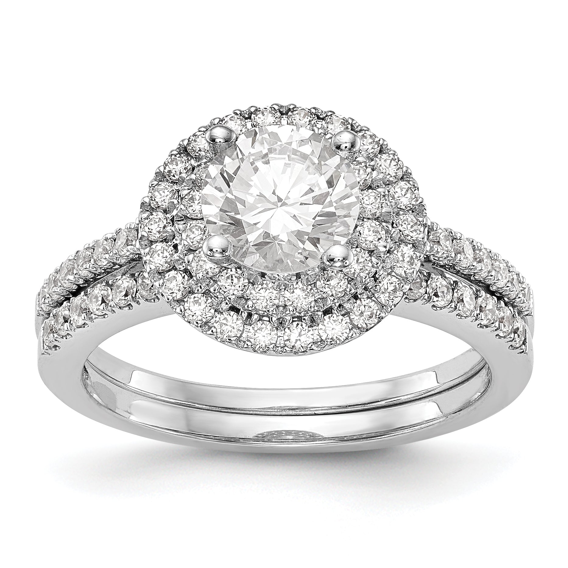 14K Weißgold Verlobungsring mit rundem simuliertem Diamanten und doppeltem Halo
