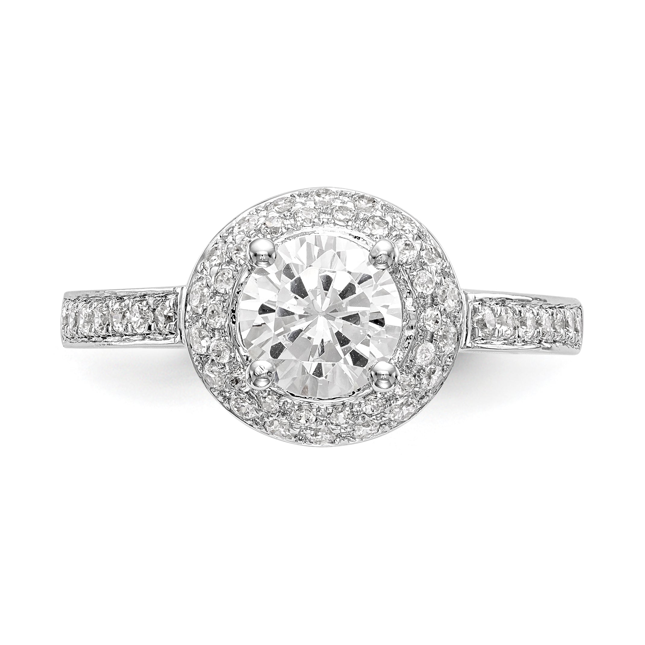 14K Weißgold Verlobungsring mit rundem simuliertem Diamanten und doppeltem Halo