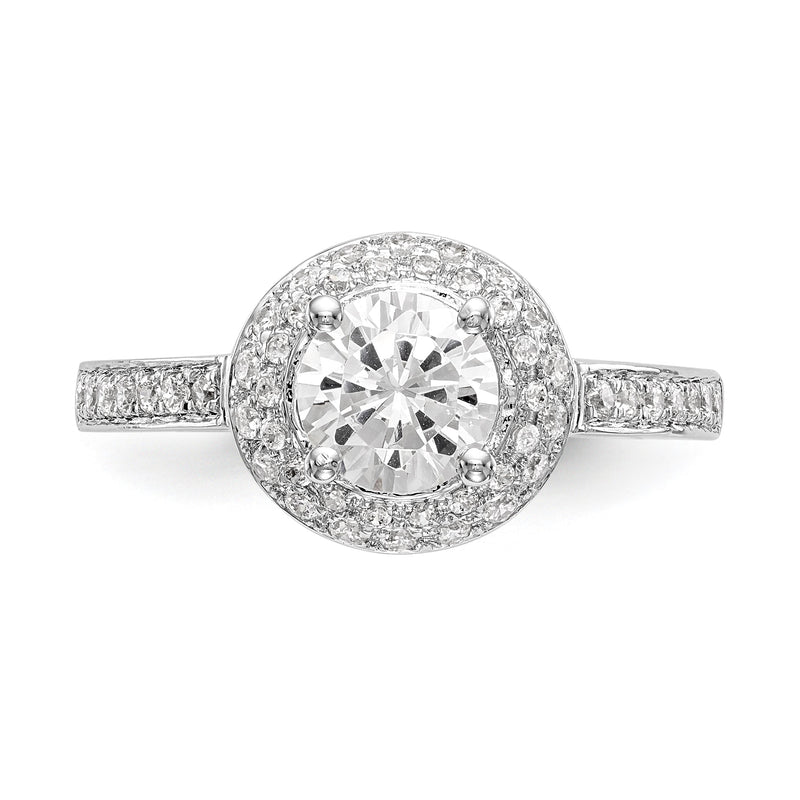 14K Weißgold Verlobungsring mit rundem simuliertem Diamanten und doppeltem Halo