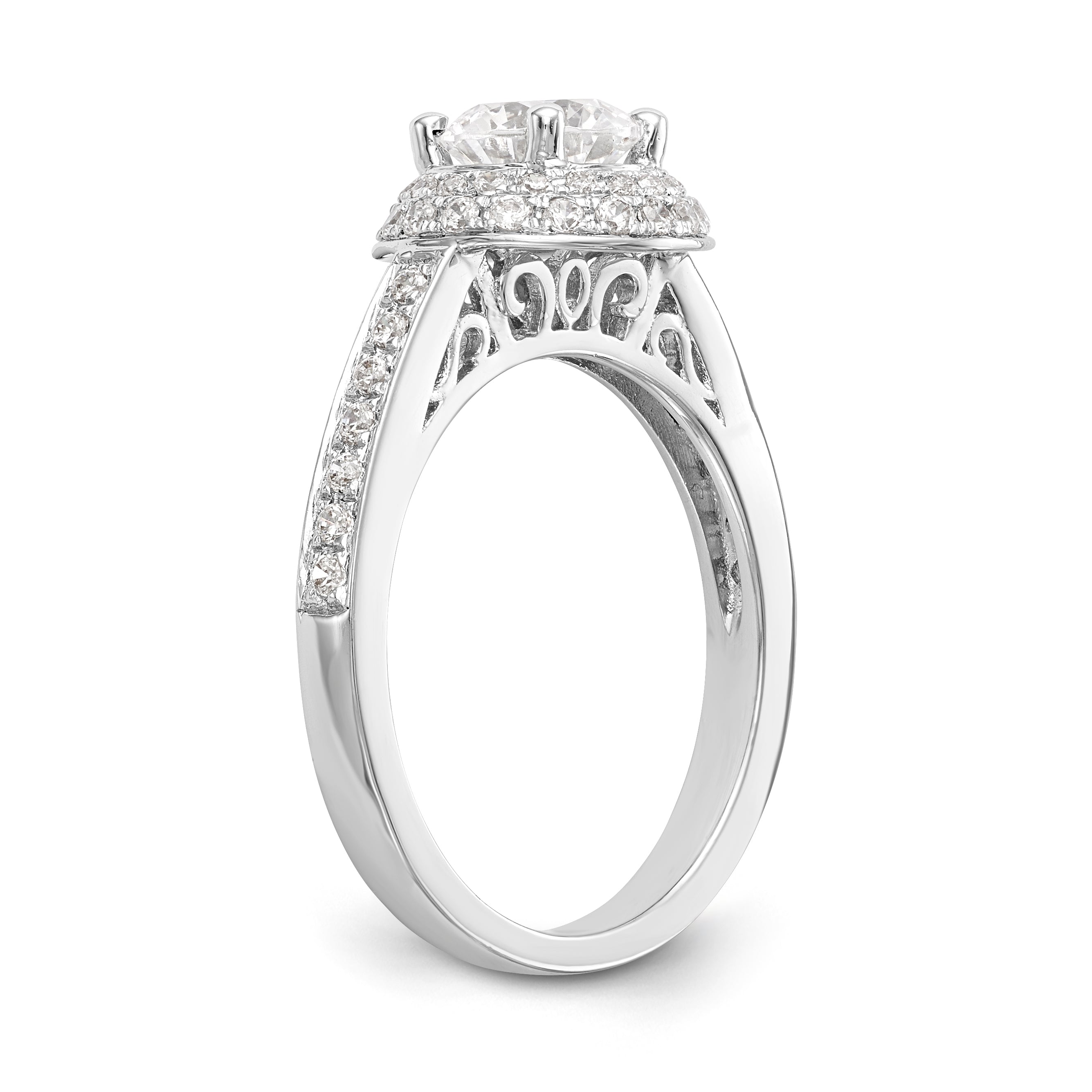 14K Weißgold Verlobungsring mit rundem simuliertem Diamanten und doppeltem Halo