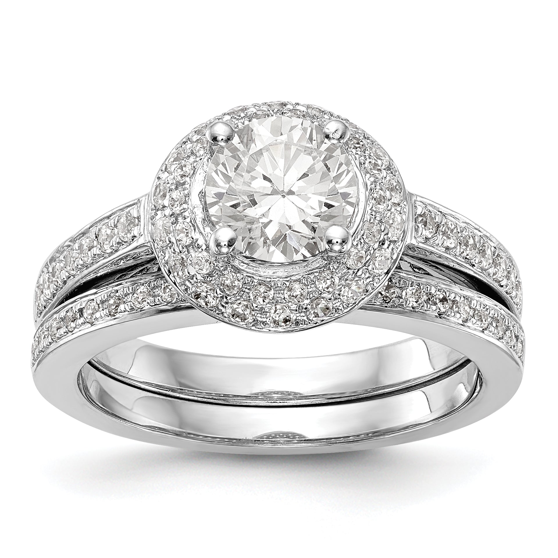 14K Weißgold Verlobungsring mit rundem simuliertem Diamanten und doppeltem Halo
