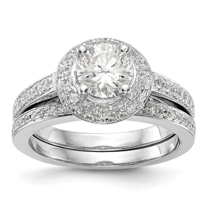 14K Weißgold Verlobungsring mit rundem simuliertem Diamanten und doppeltem Halo