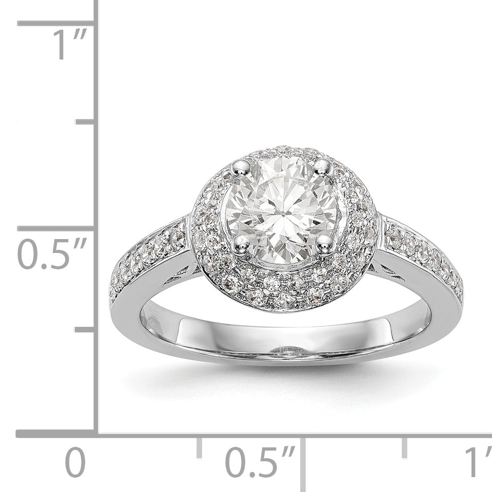 14K Weißgold Verlobungsring mit rundem simuliertem Diamanten und doppeltem Halo
