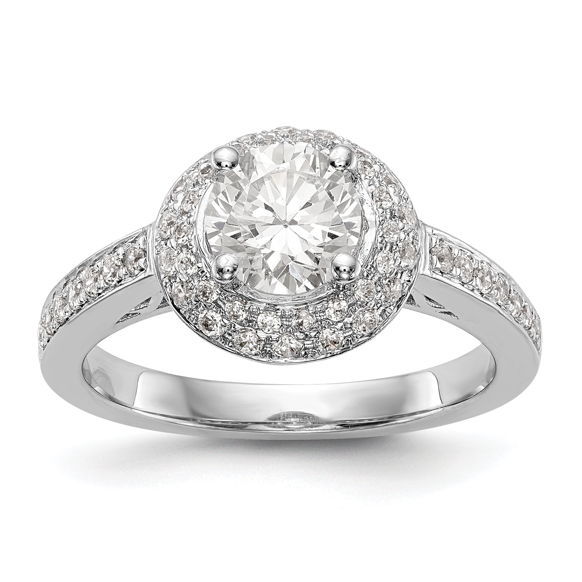 14K Weißgold Verlobungsring mit rundem simuliertem Diamanten und doppeltem Halo
