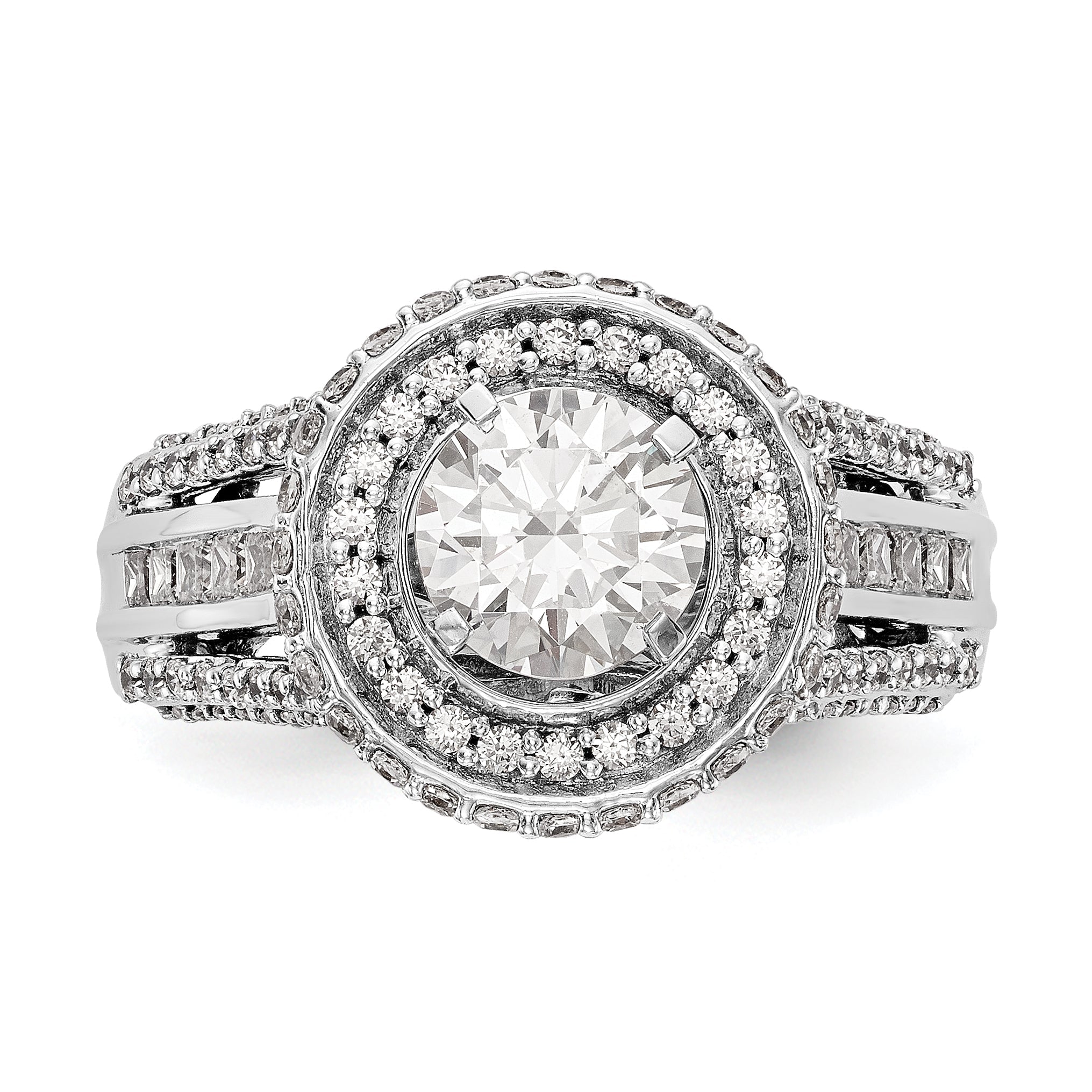 14K Weißgold Verlobungsring mit rundem simuliertem Diamant und Double-Halo-Fassung