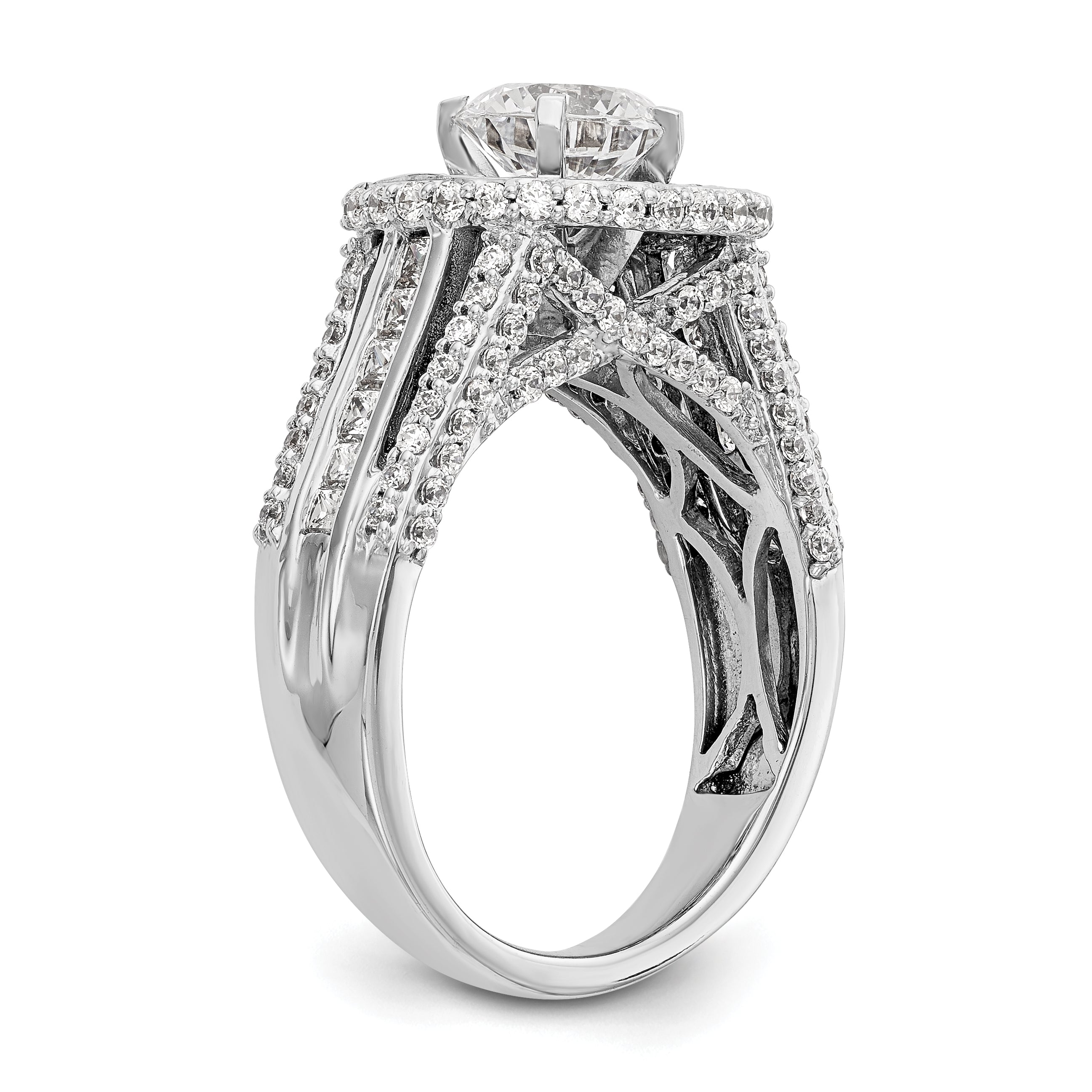 14K Weißgold Verlobungsring mit rundem simuliertem Diamant und Double-Halo-Fassung