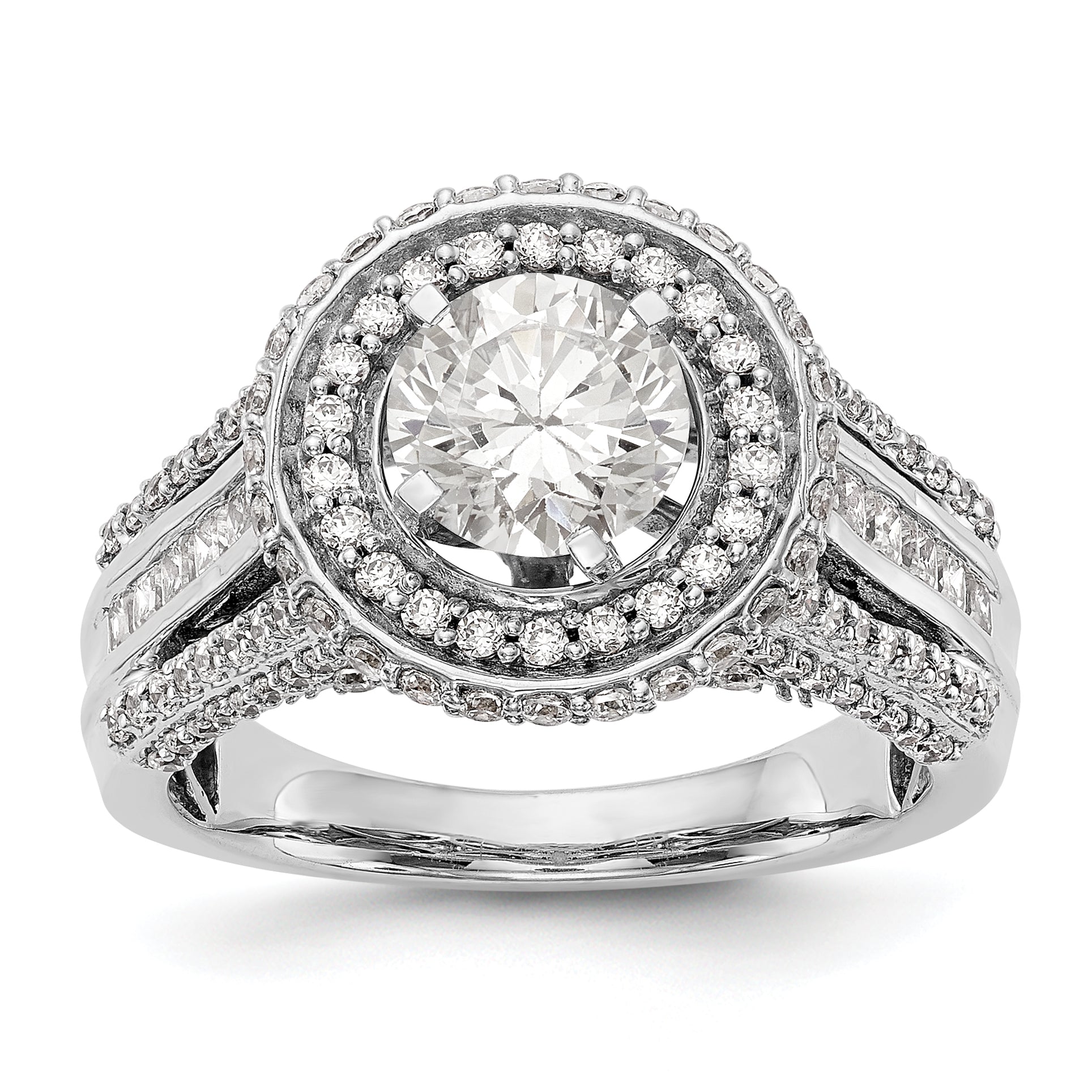 14K Weißgold Verlobungsring mit rundem simuliertem Diamant und Double-Halo-Fassung