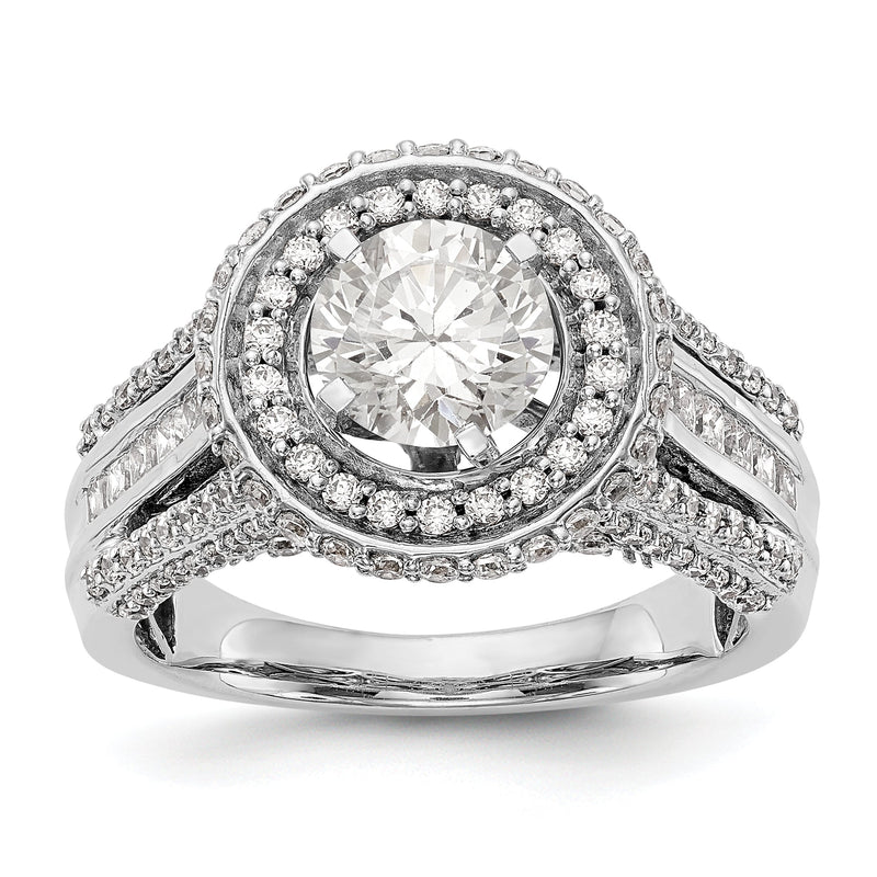 14K Weißgold Verlobungsring mit rundem simuliertem Diamant und Double-Halo-Fassung
