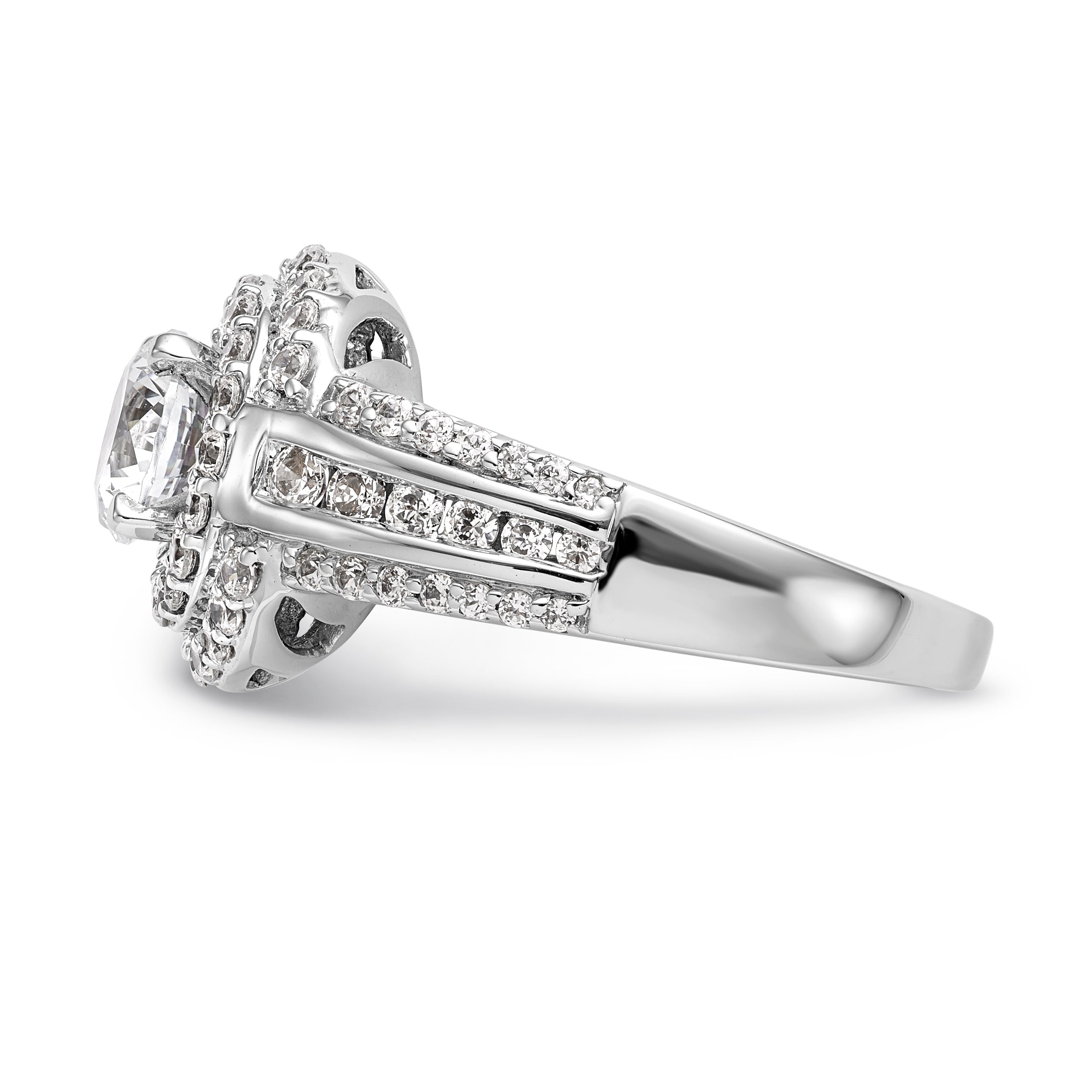 14K Weißgold Verlobungsring mit rundem simuliertem Diamanten und Doppel-Halo