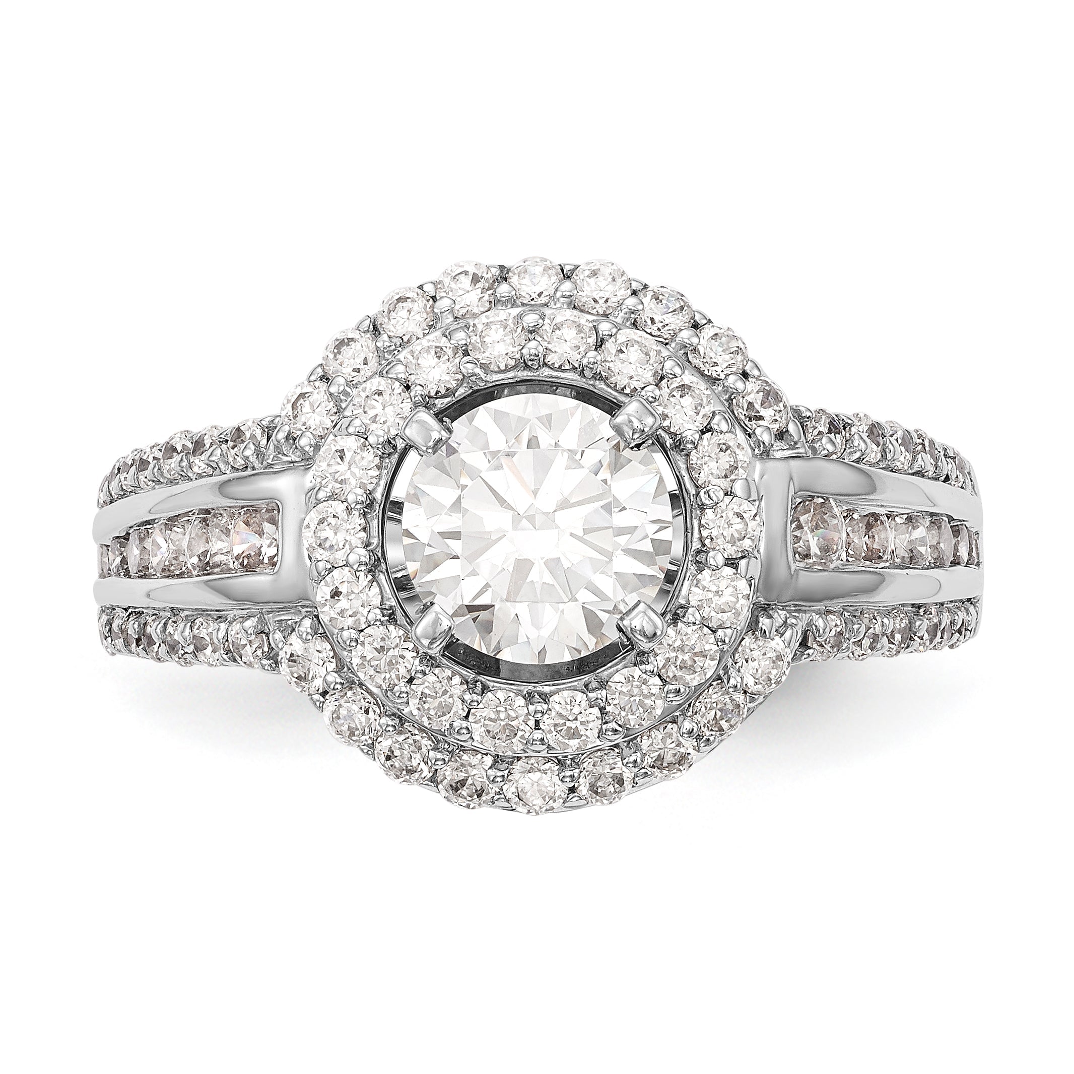 14K Weißgold Verlobungsring mit rundem simuliertem Diamanten und Doppel-Halo
