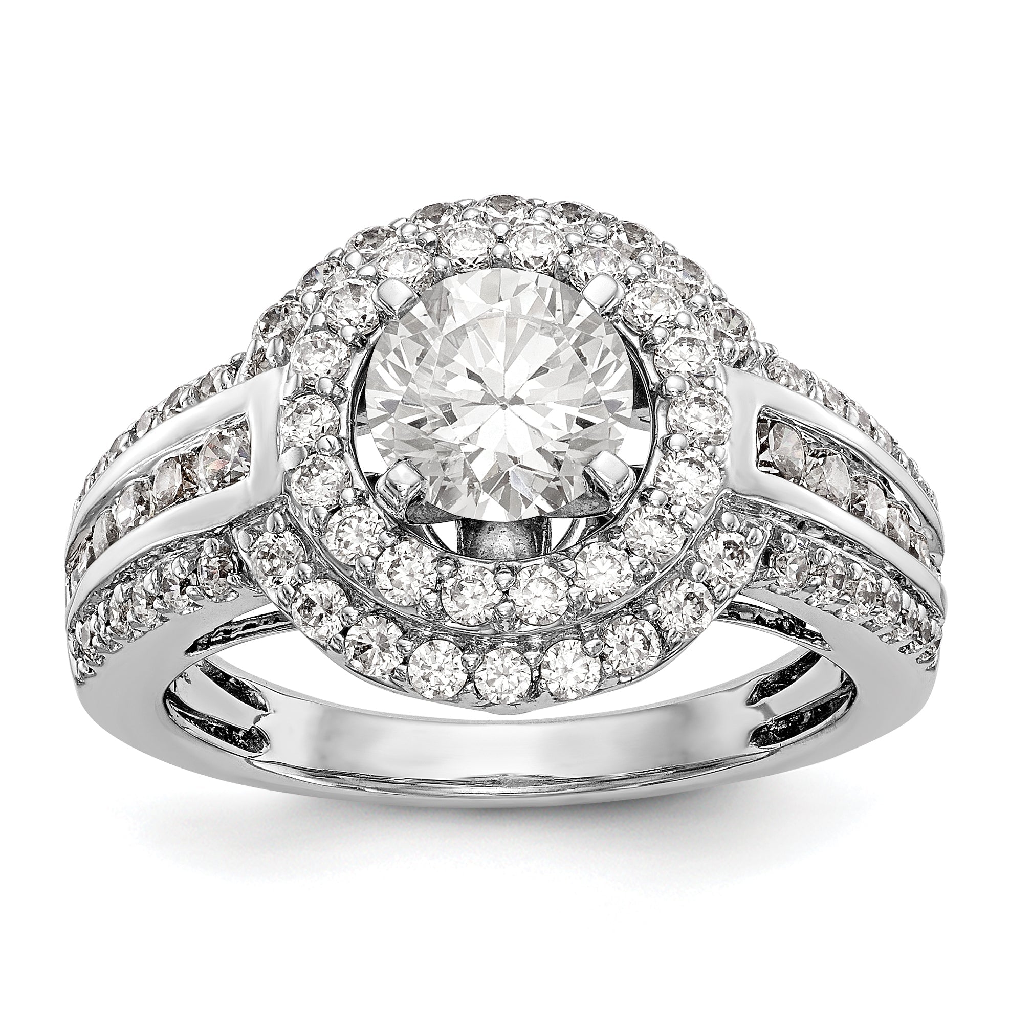 14K Weißgold Verlobungsring mit rundem simuliertem Diamanten und Doppel-Halo